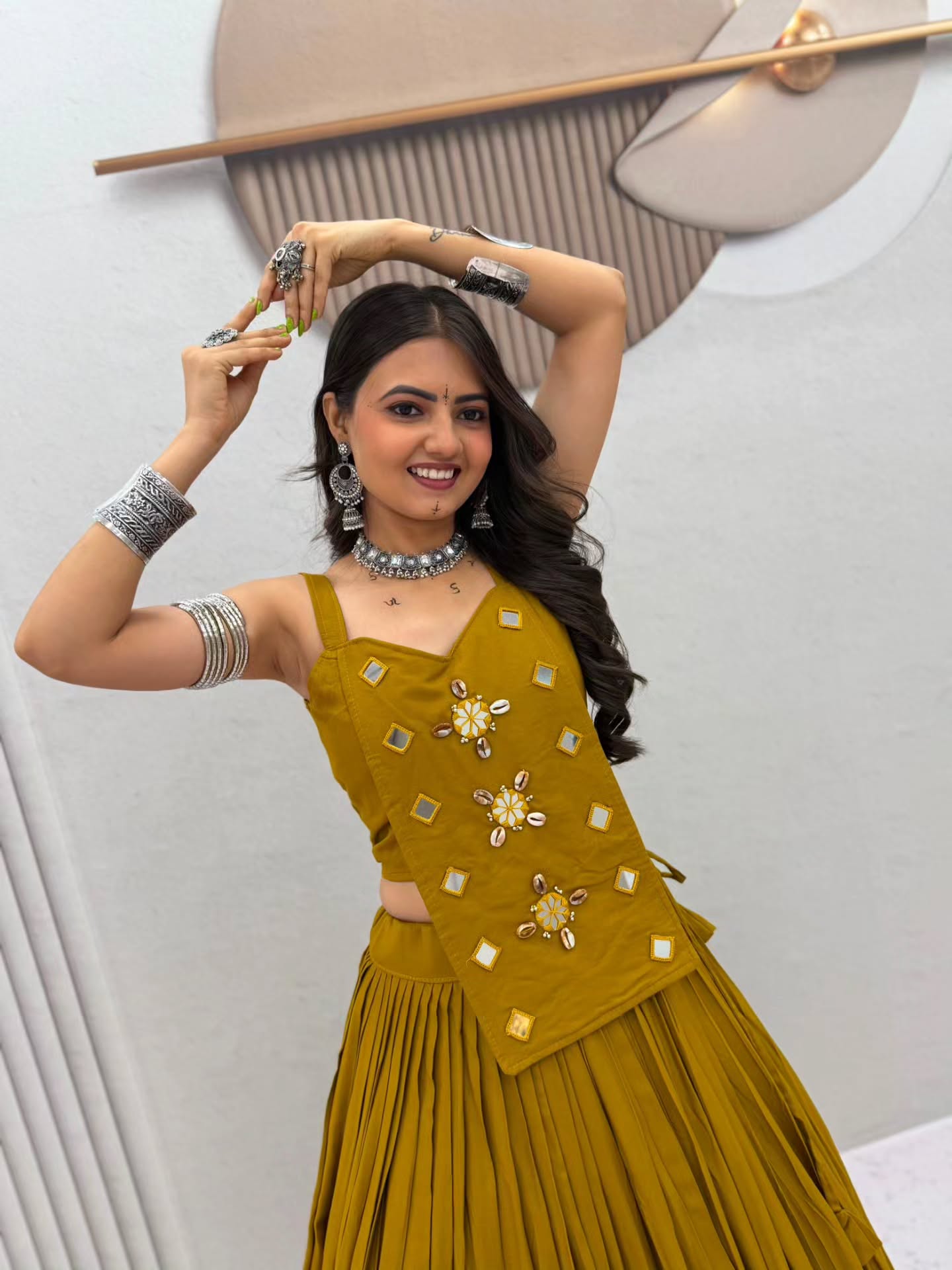 Women Designer Flared Lehenga Choli with Mirror Work Detailing