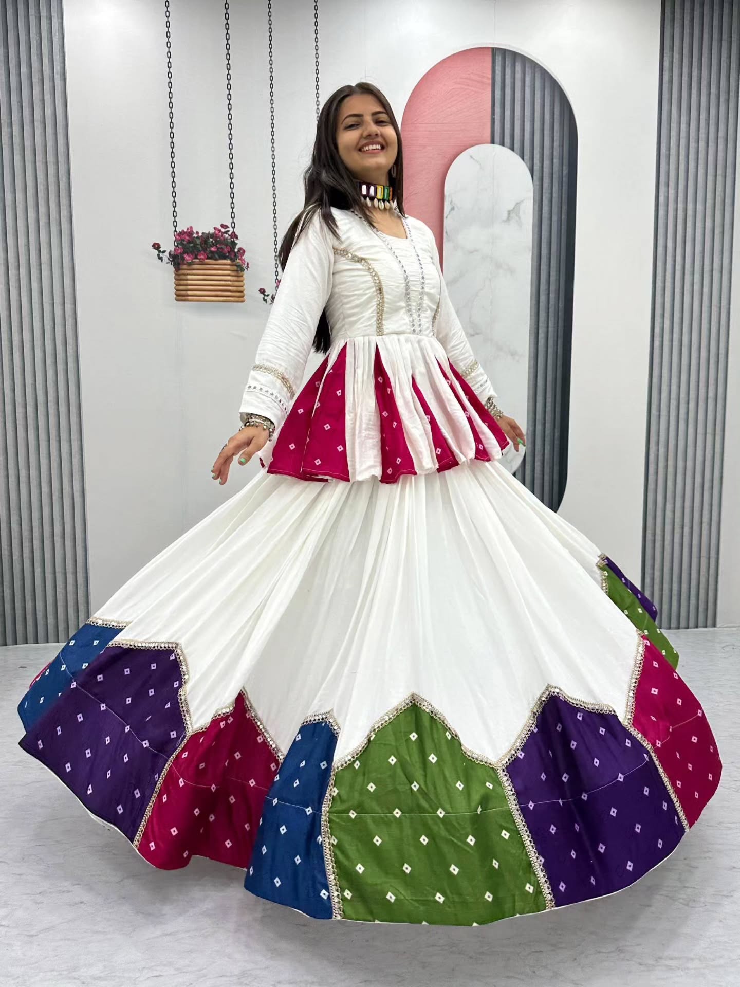 Women White Navratri Kediyu Lehenga Set with Traditional Bandhani Patchwork