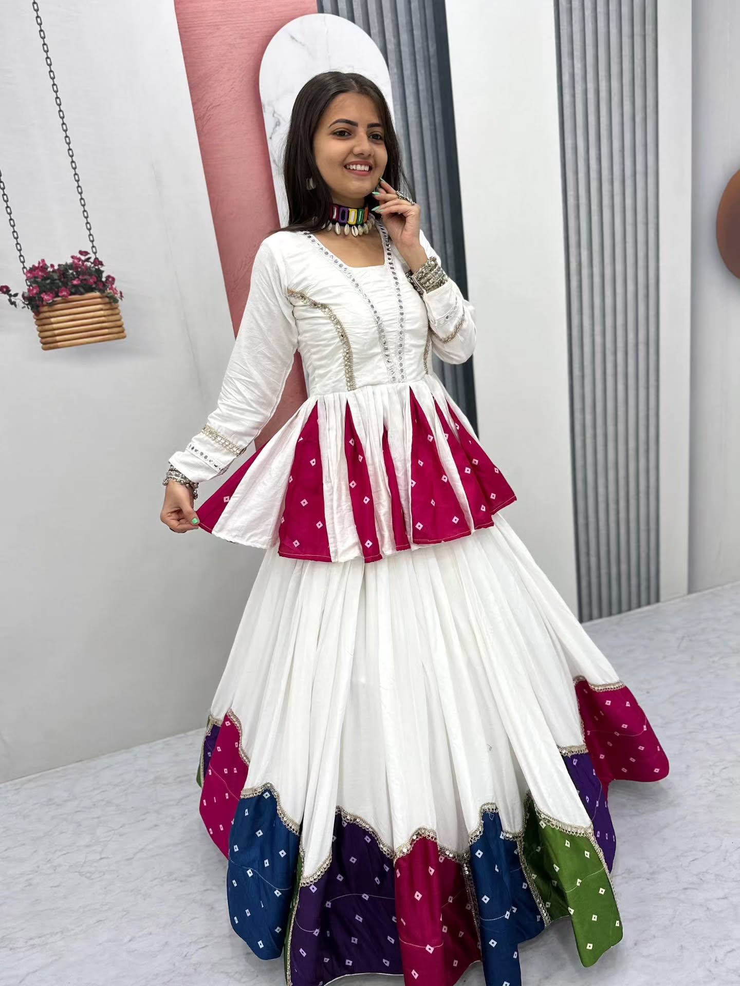 Women White Navratri Kediyu Lehenga Set with Traditional Bandhani Patchwork