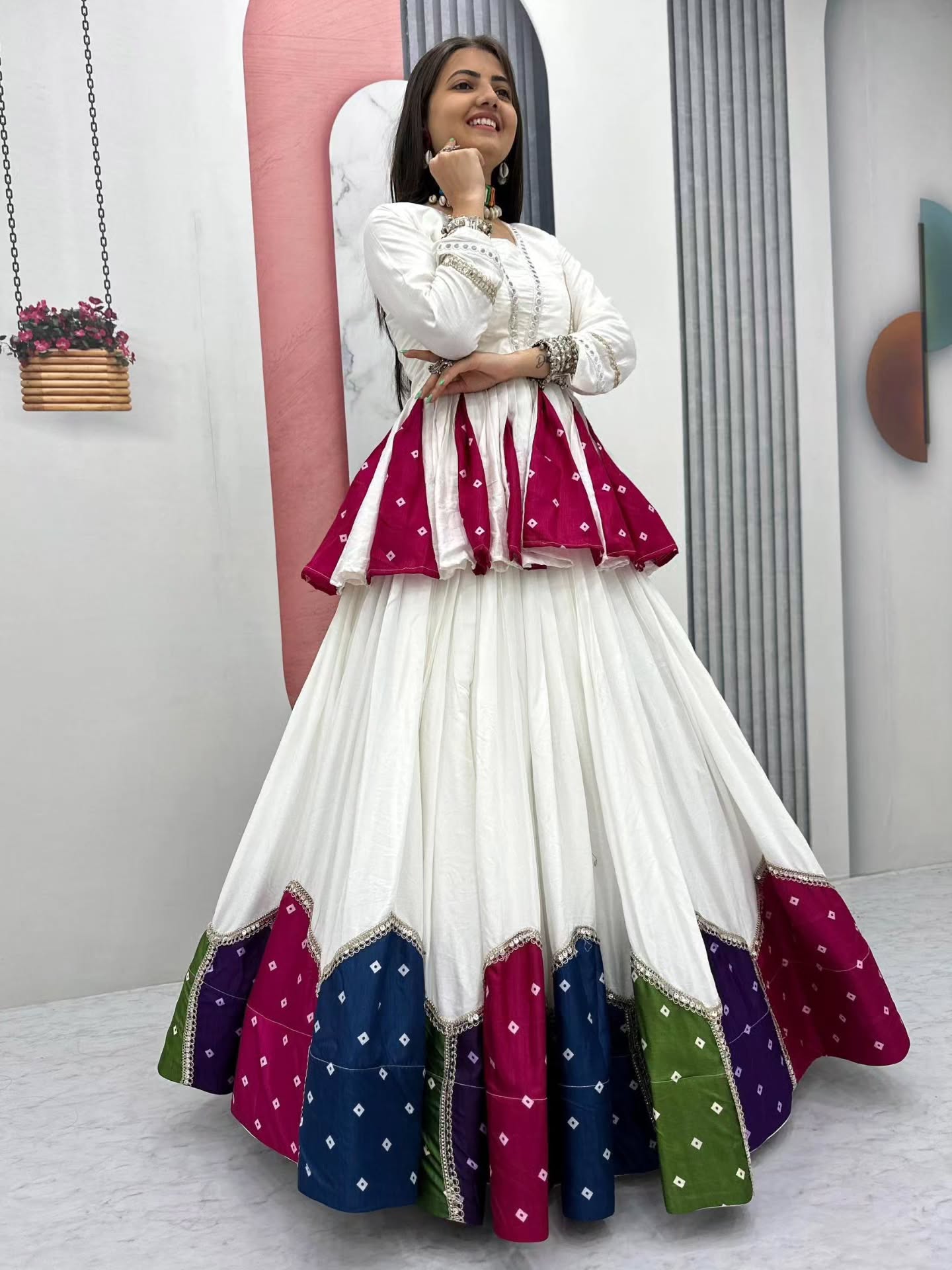Women White Navratri Kediyu Lehenga Set with Traditional Bandhani Patchwork