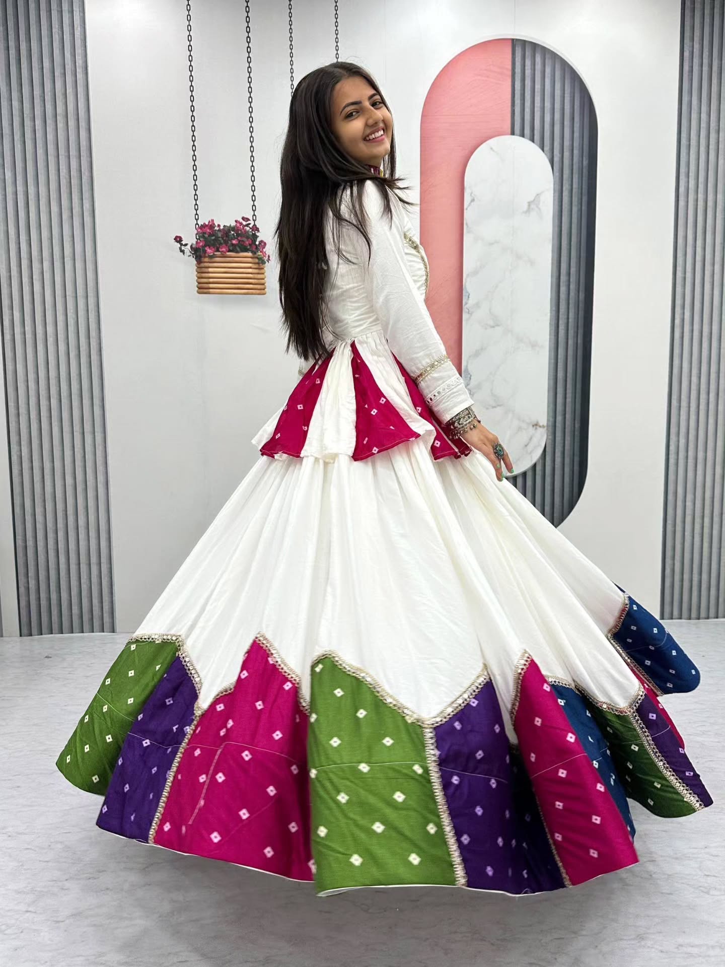 Women White Navratri Kediyu Lehenga Set with Traditional Bandhani Patchwork
