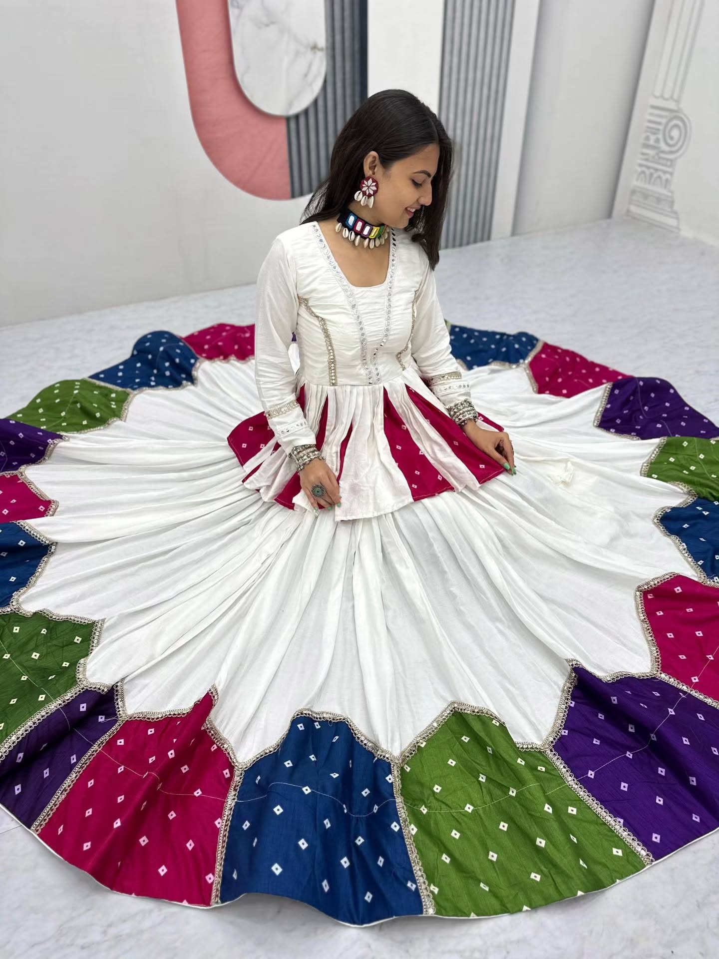 Women White Navratri Kediyu Lehenga Set with Traditional Bandhani Patchwork