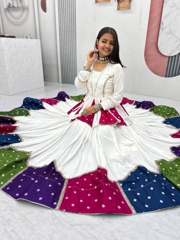 Women White Navratri Kediyu Lehenga Set with Traditional Bandhani Patchwork
