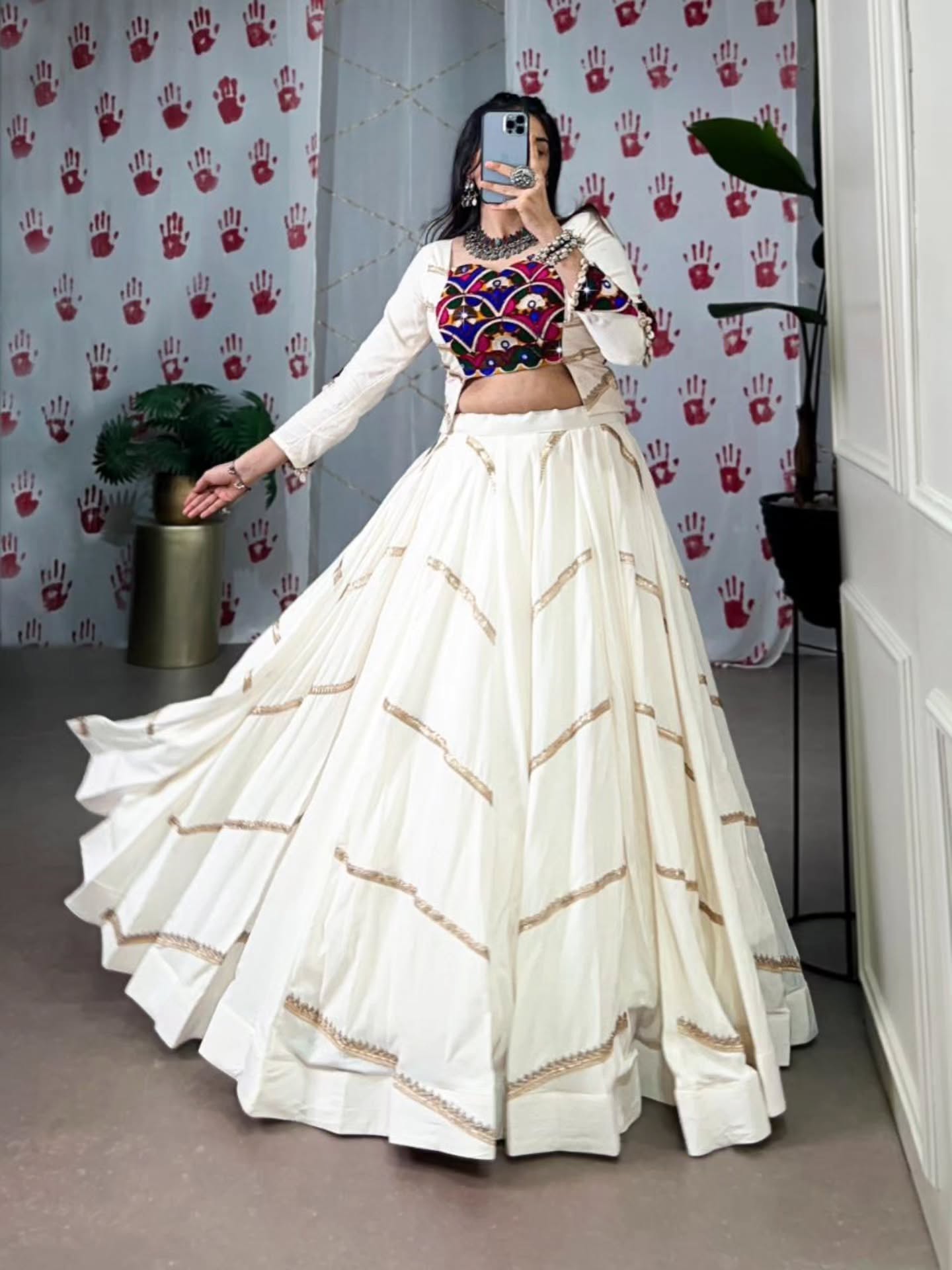Women Designer White Lehenga Set with Handcrafted Kutchi Mirror Work Blouse
