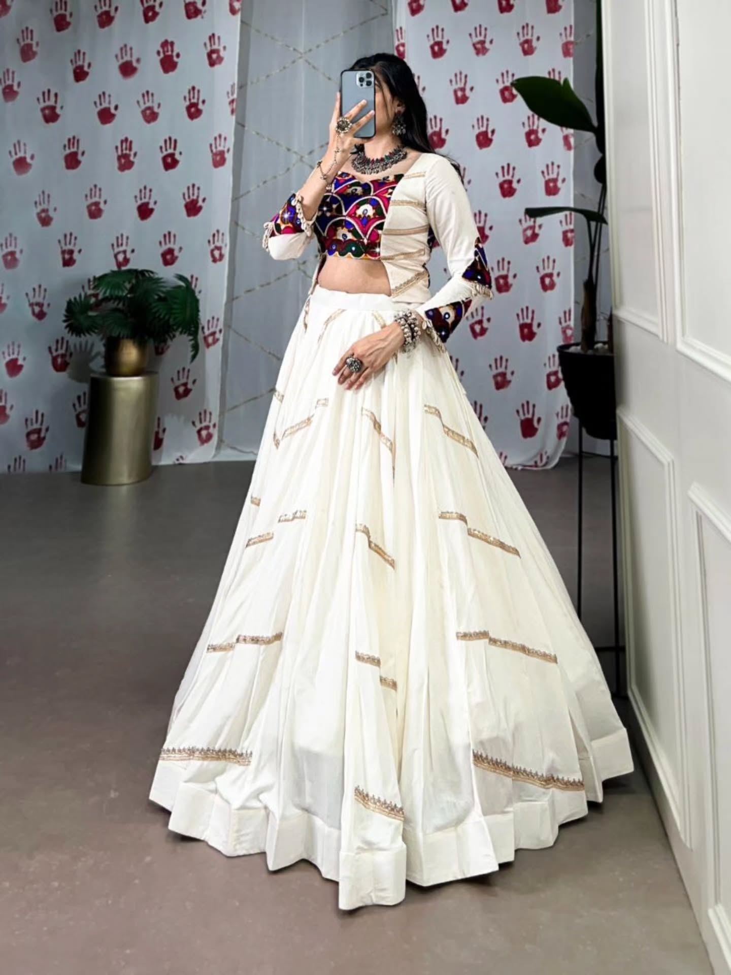 Women Designer White Lehenga Set with Handcrafted Kutchi Mirror Work Blouse
