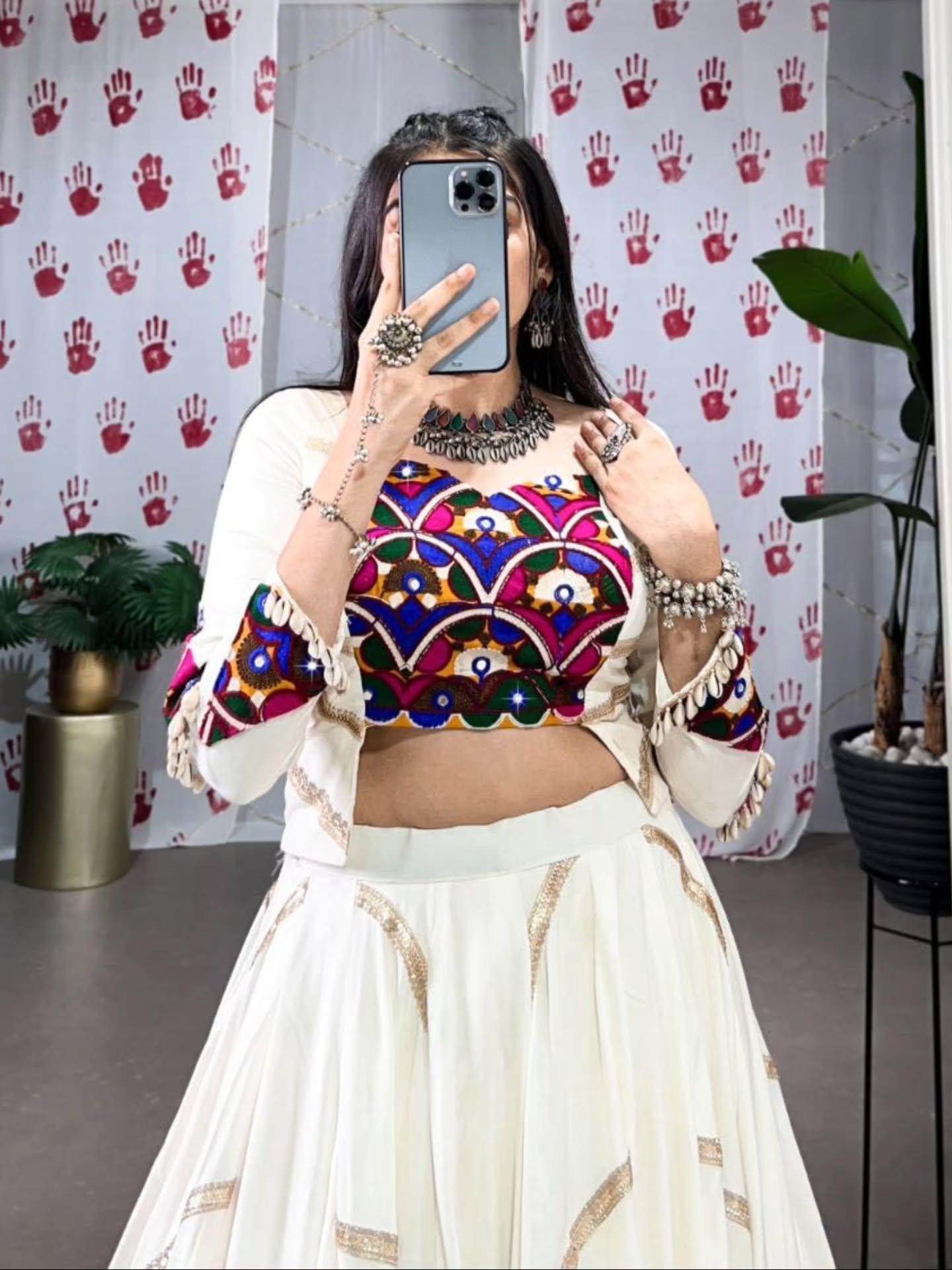 Women Designer White Lehenga Set with Handcrafted Kutchi Mirror Work Blouse