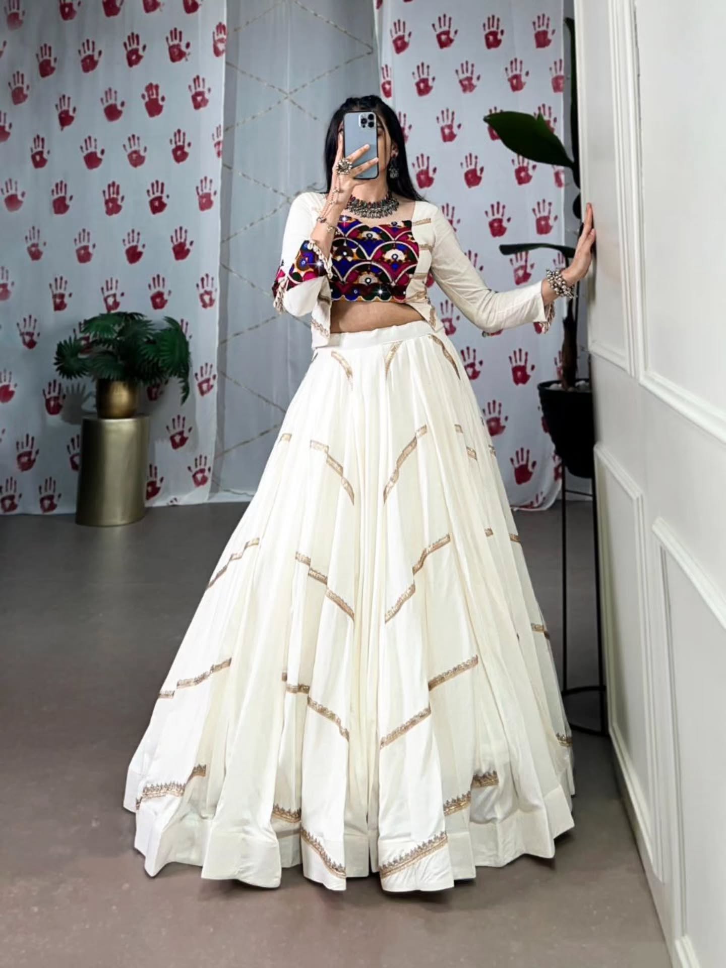 Women Designer White Lehenga Set with Handcrafted Kutchi Mirror Work Blouse