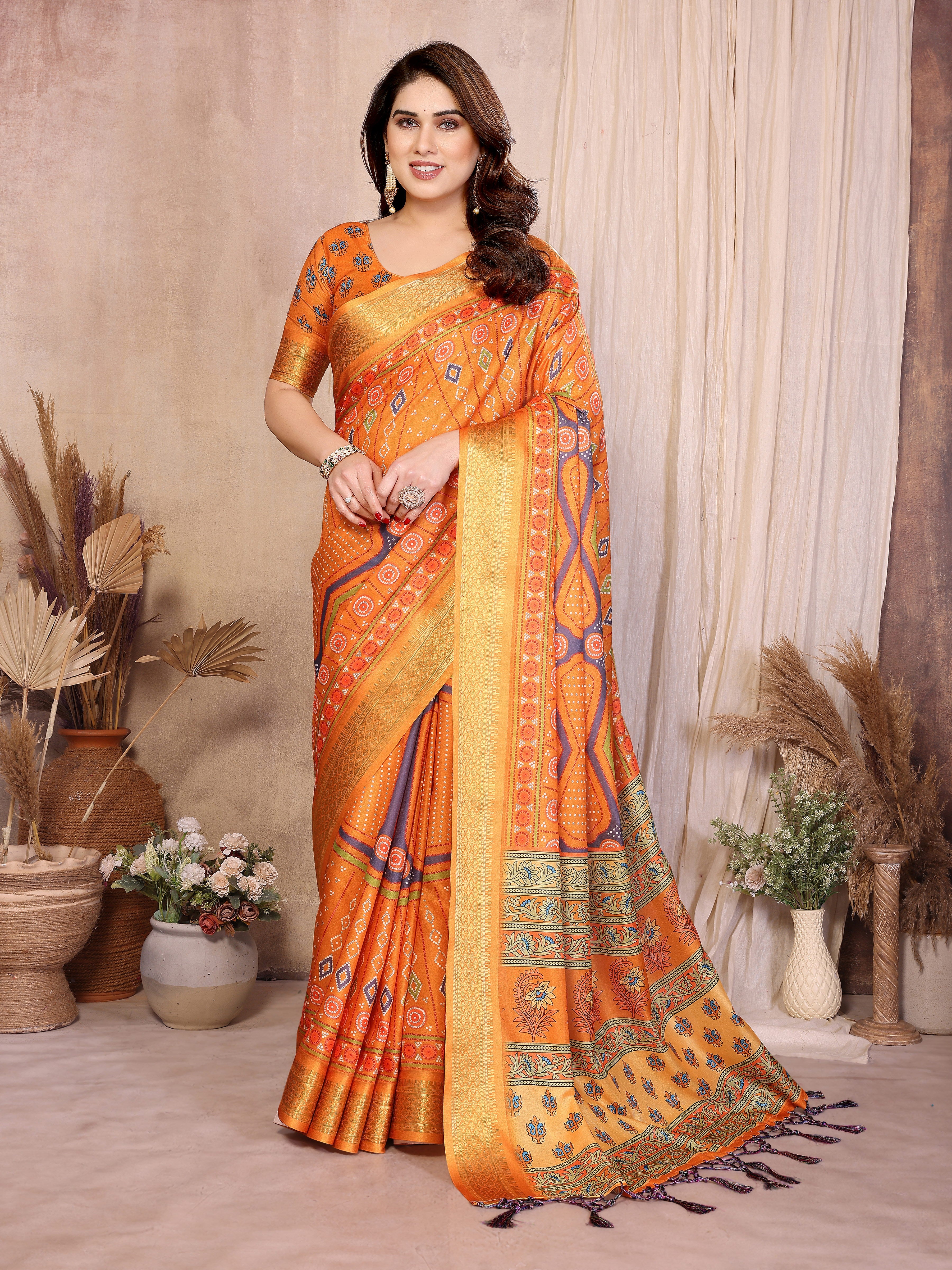 Women Designer Bandhej Print Cotton Silk Saree