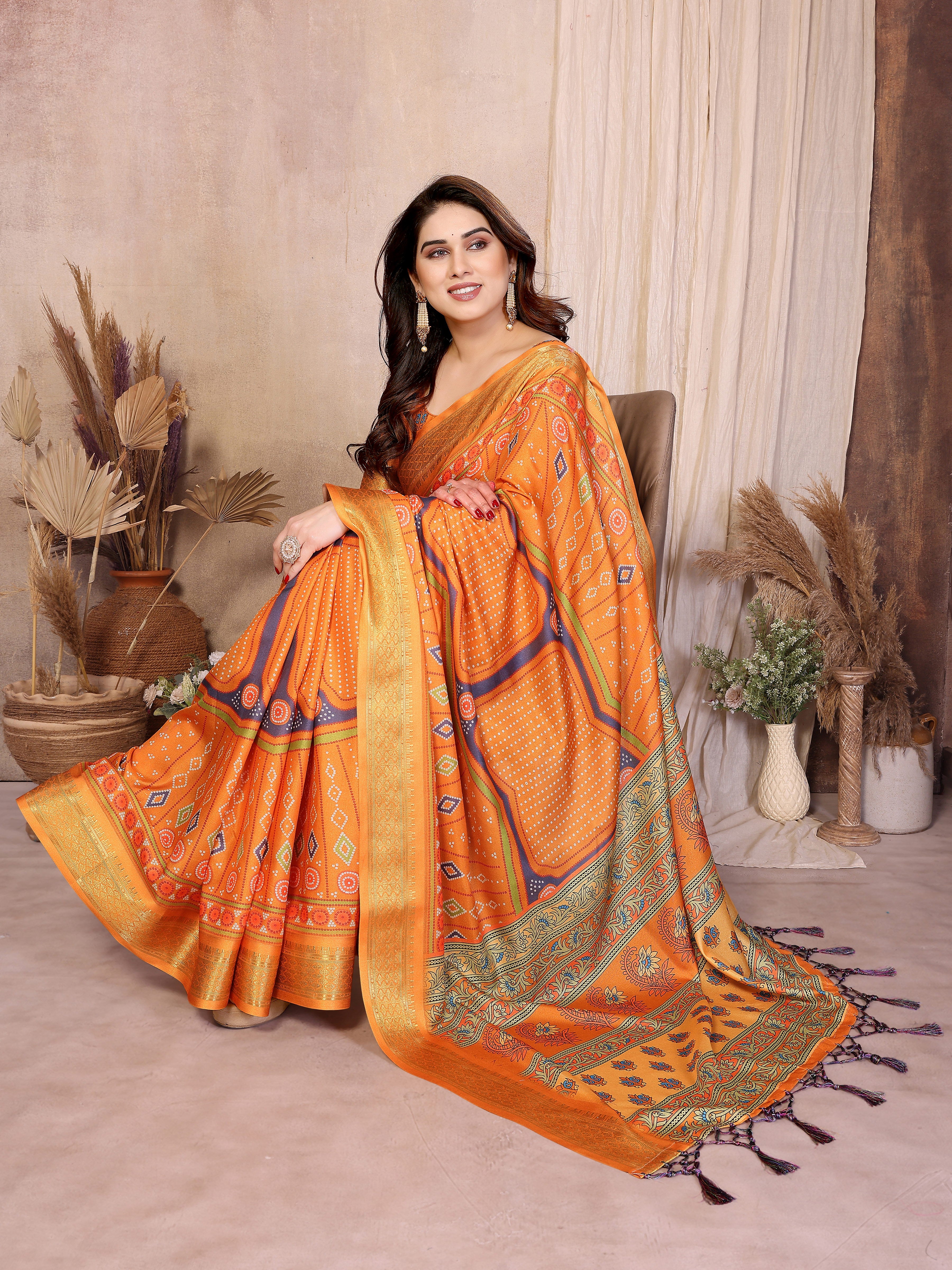 Women Designer Bandhej Print Cotton Silk Saree