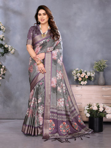 Women Designer Floral Print Silk Saree
