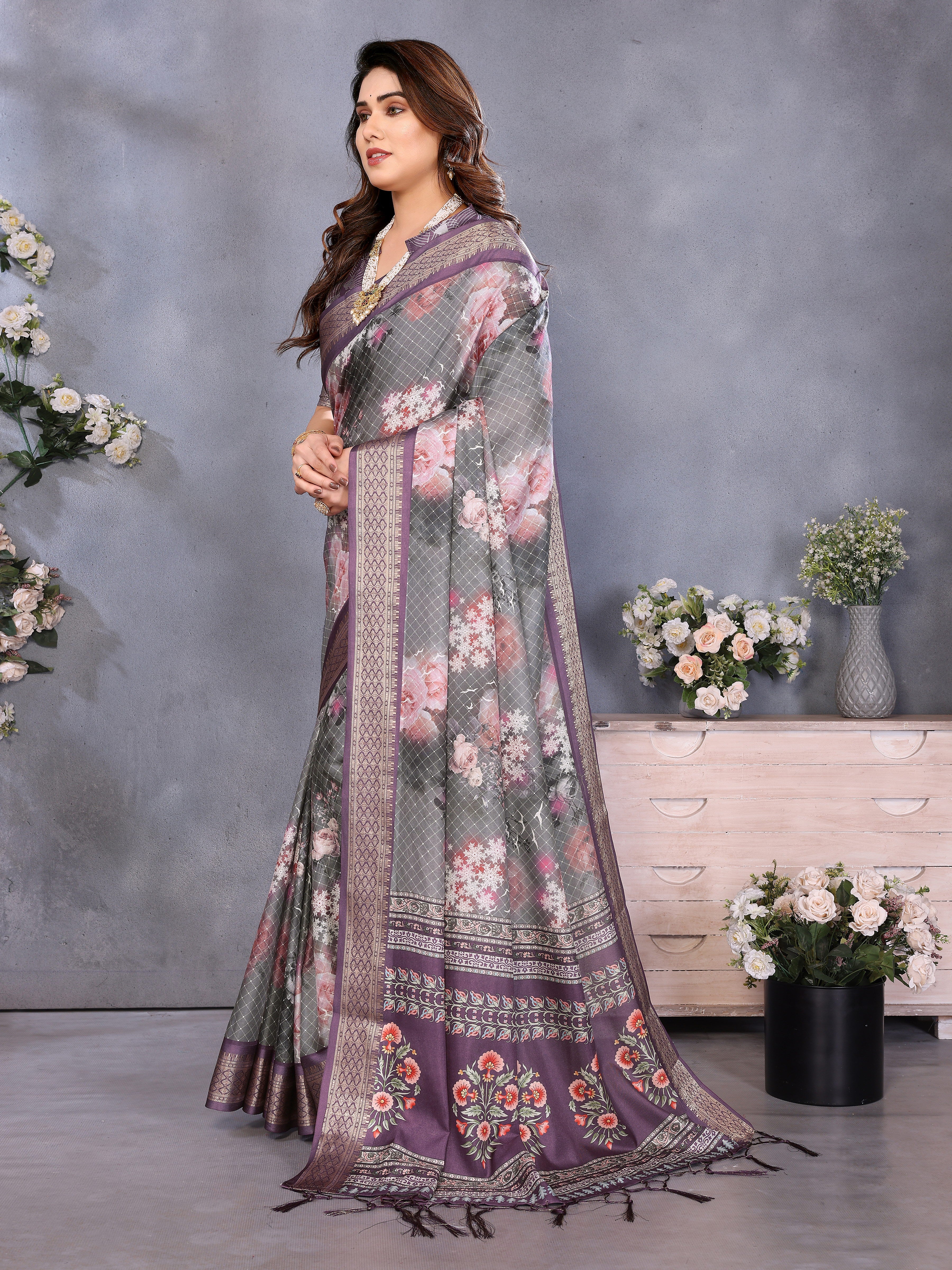 Women Designer Floral Print Silk Saree