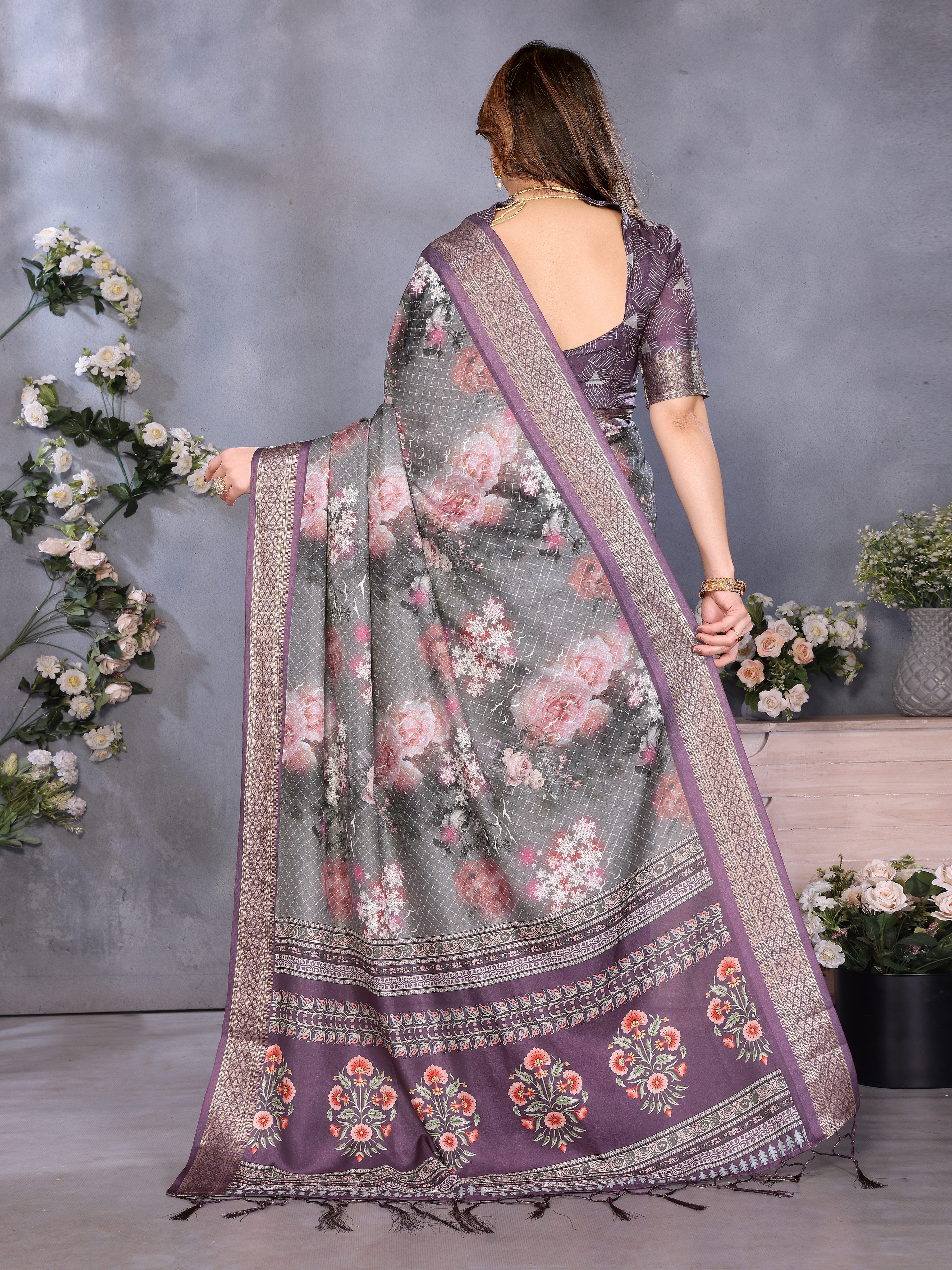 Women Designer Floral Print Silk Saree