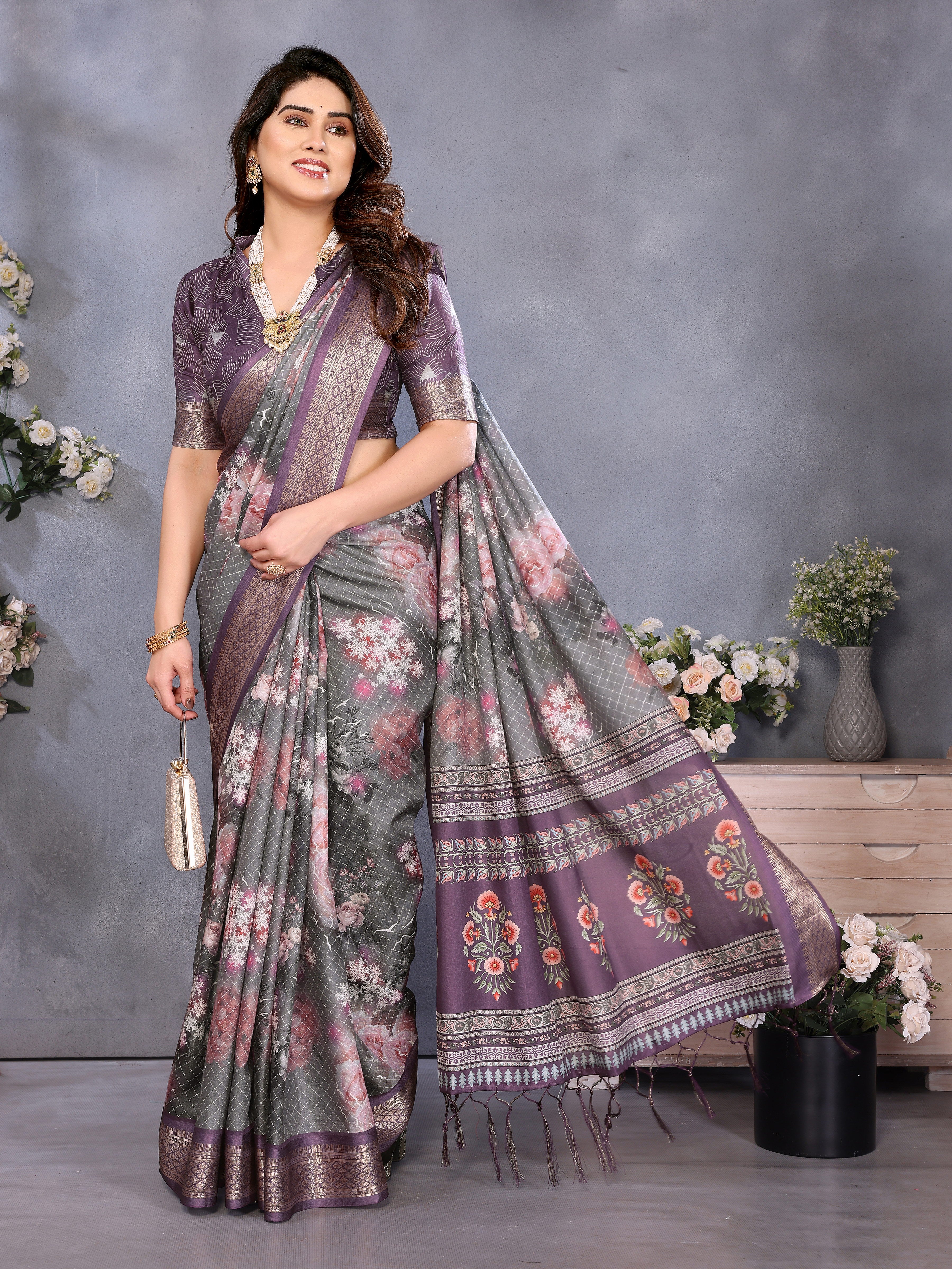 Women Designer Floral Print Silk Saree