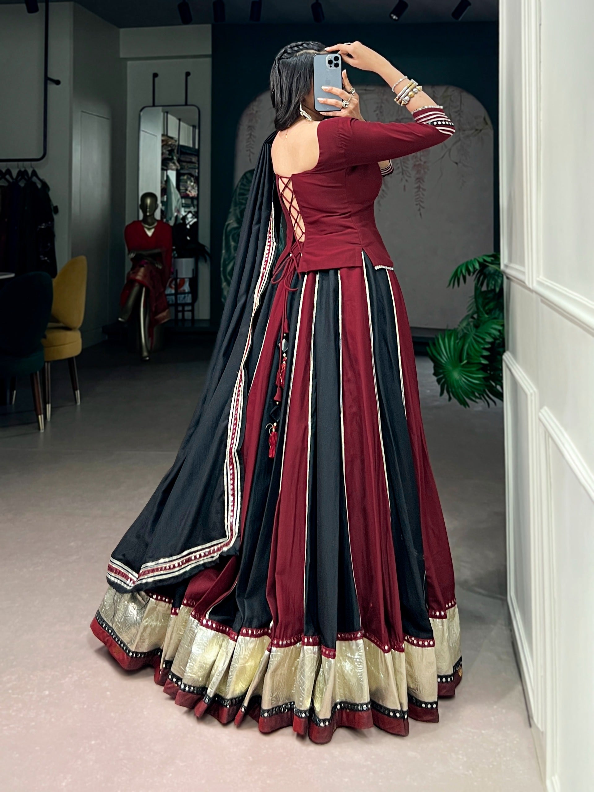 Women Designer Maroon & Black Lehenga Choli with Elegant Dupatta and Traditional Detailing