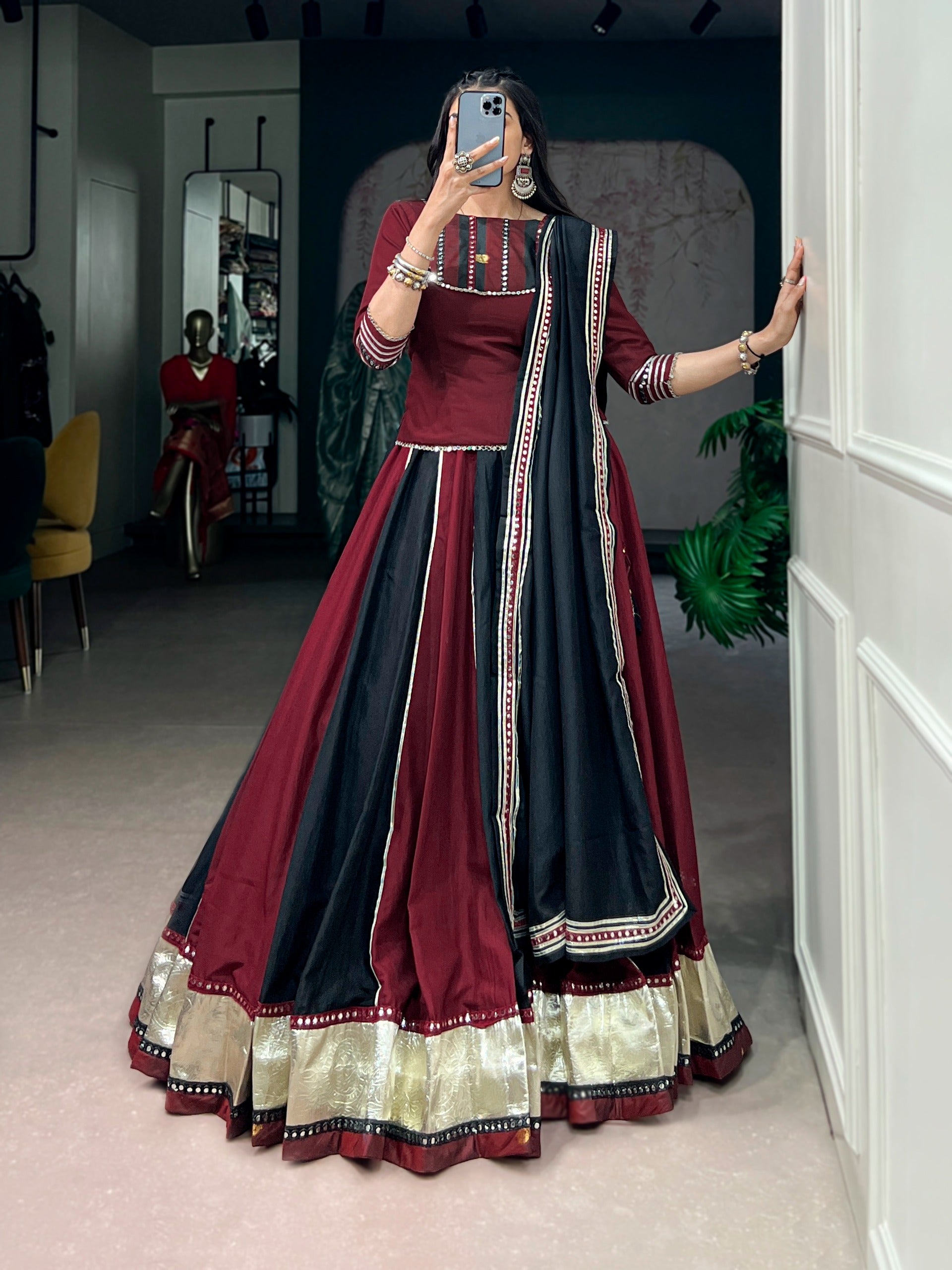 Women Designer Maroon & Black Lehenga Choli with Elegant Dupatta and Traditional Detailing