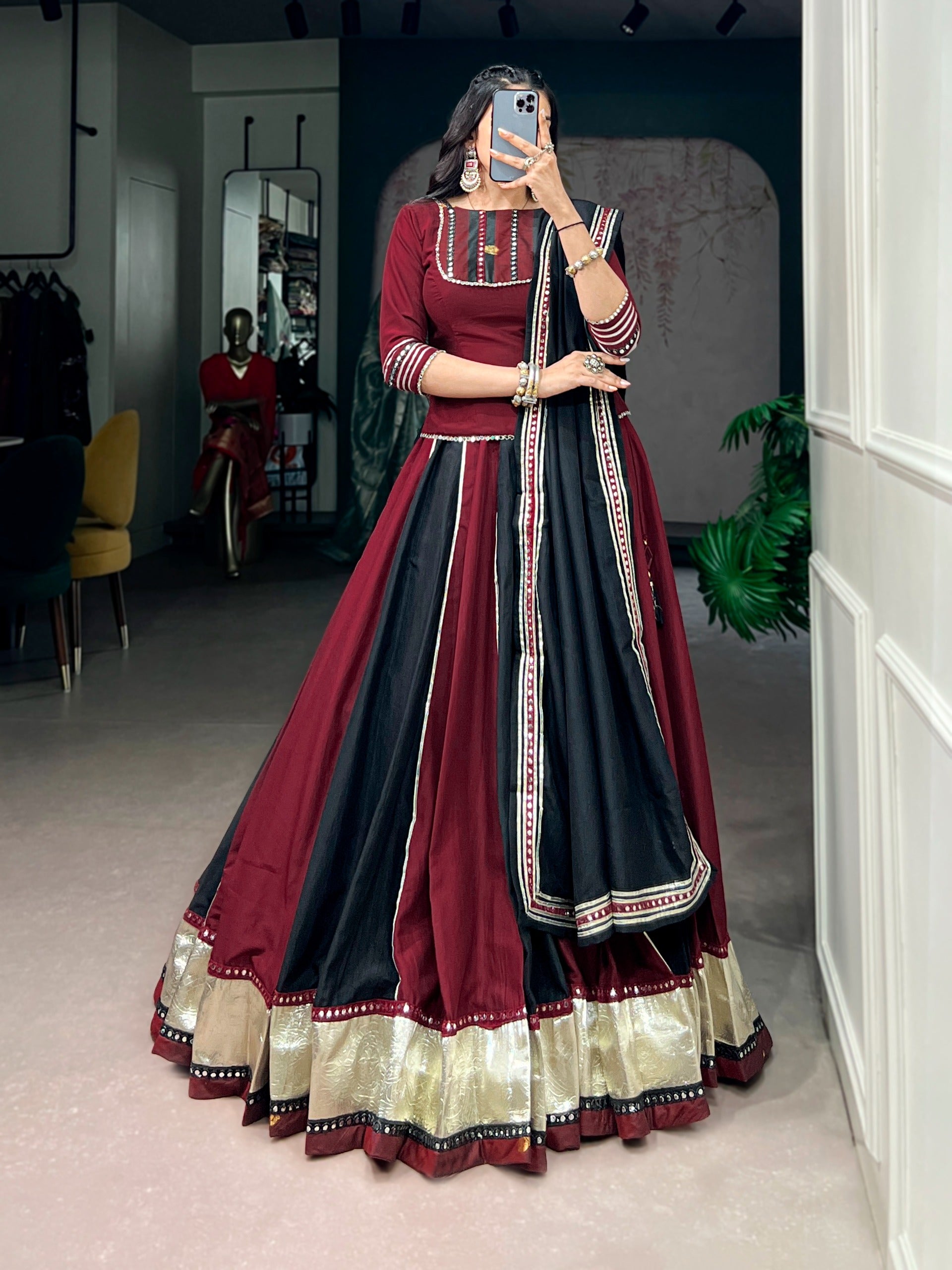 Women Designer Maroon & Black Lehenga Choli with Elegant Dupatta and Traditional Detailing