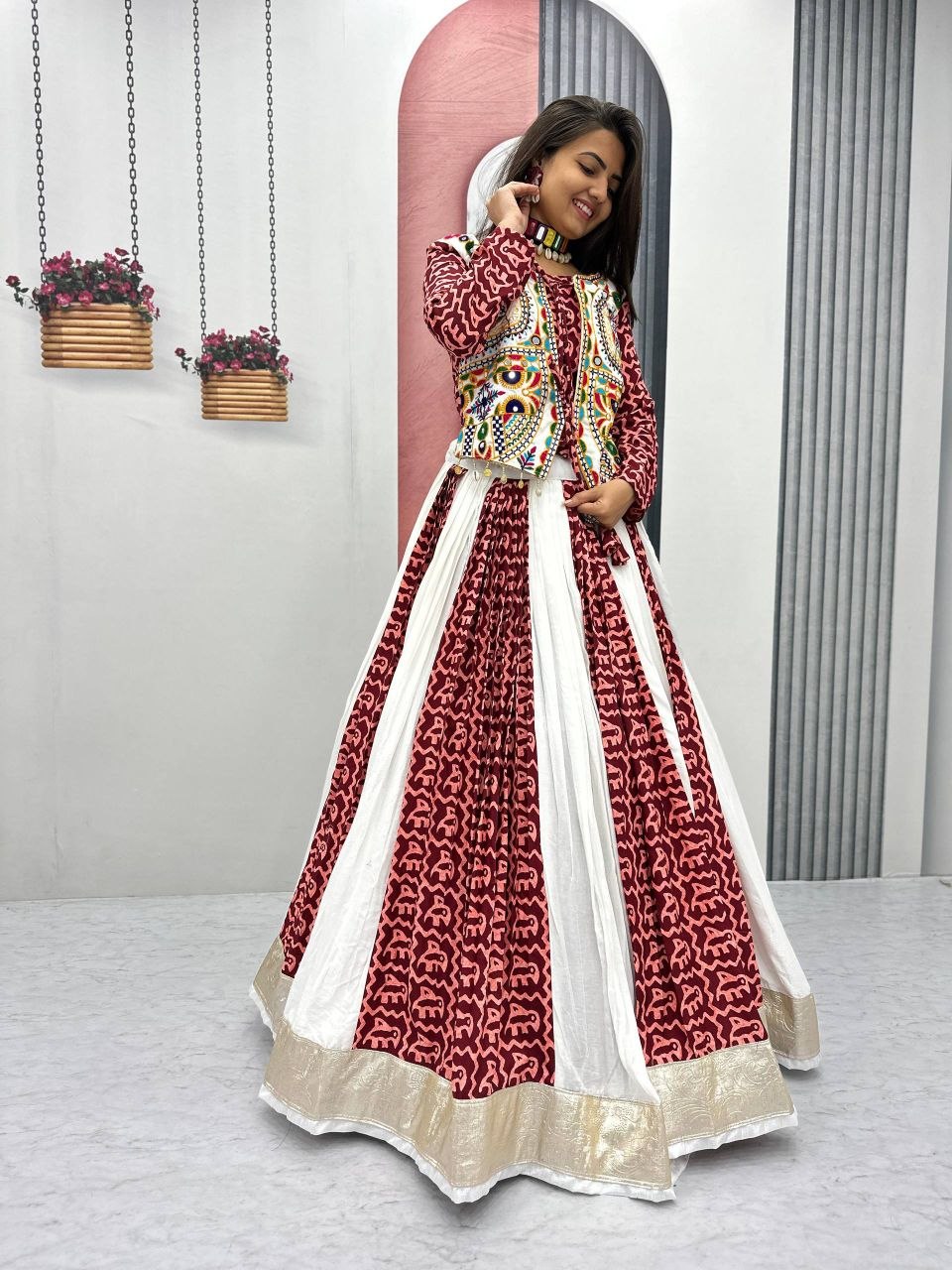Women Navratri Special Printed Anarkali Gown with Designer Embroidered Jacket