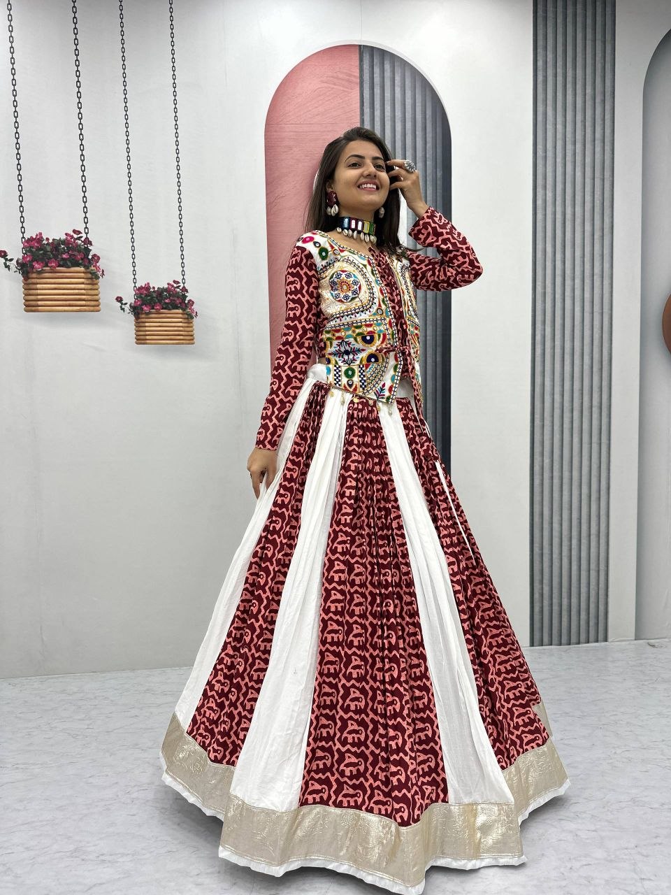 Women Navratri Special Printed Anarkali Gown with Designer Embroidered Jacket