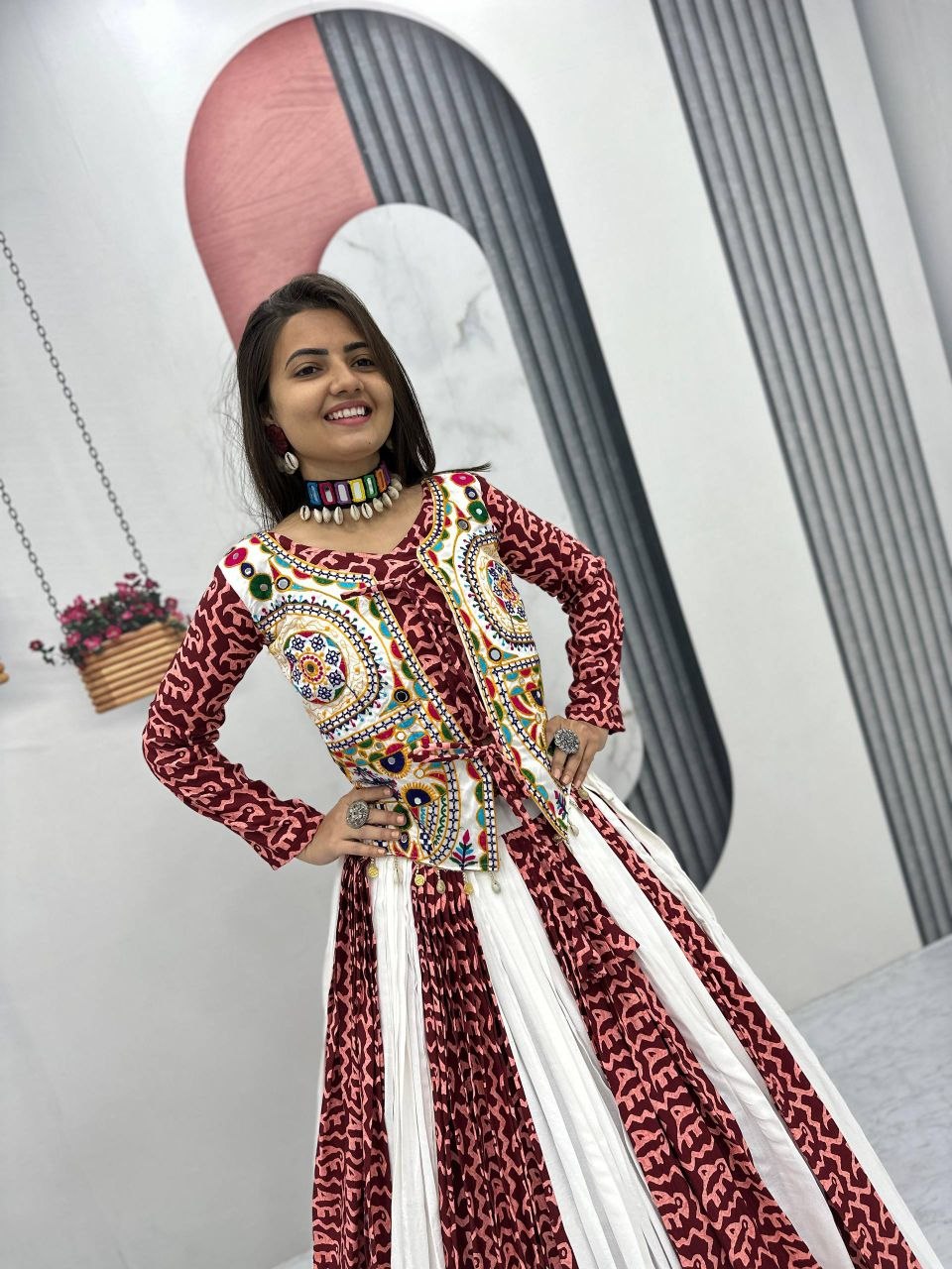 Women Navratri Special Printed Anarkali Gown with Designer Embroidered Jacket