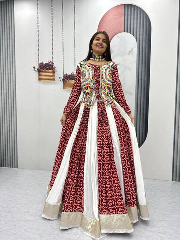 Women Navratri Special Printed Anarkali Gown with Designer Embroidered Jacket