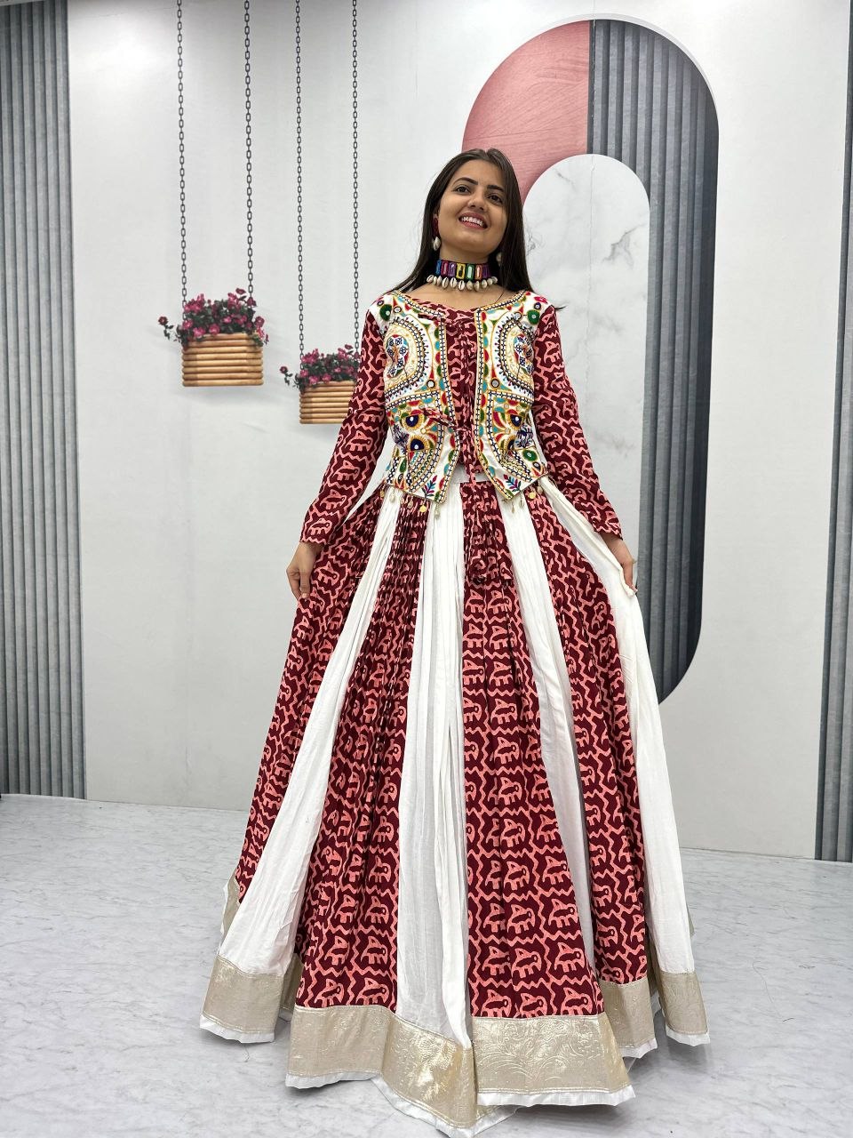 Women Navratri Special Printed Anarkali Gown with Designer Embroidered Jacket