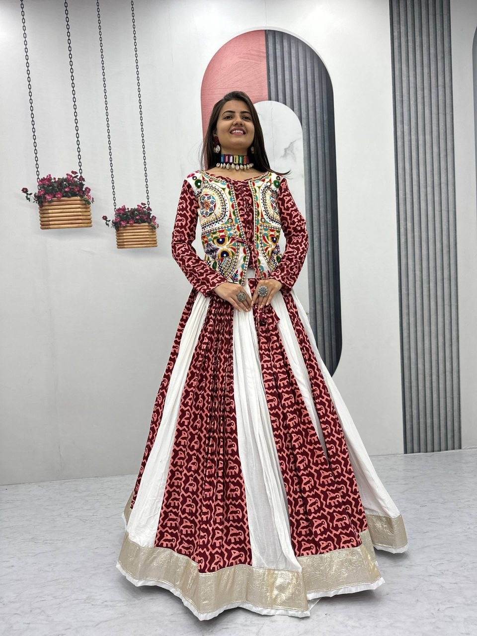 Women Navratri Special Printed Anarkali Gown with Designer Embroidered Jacket