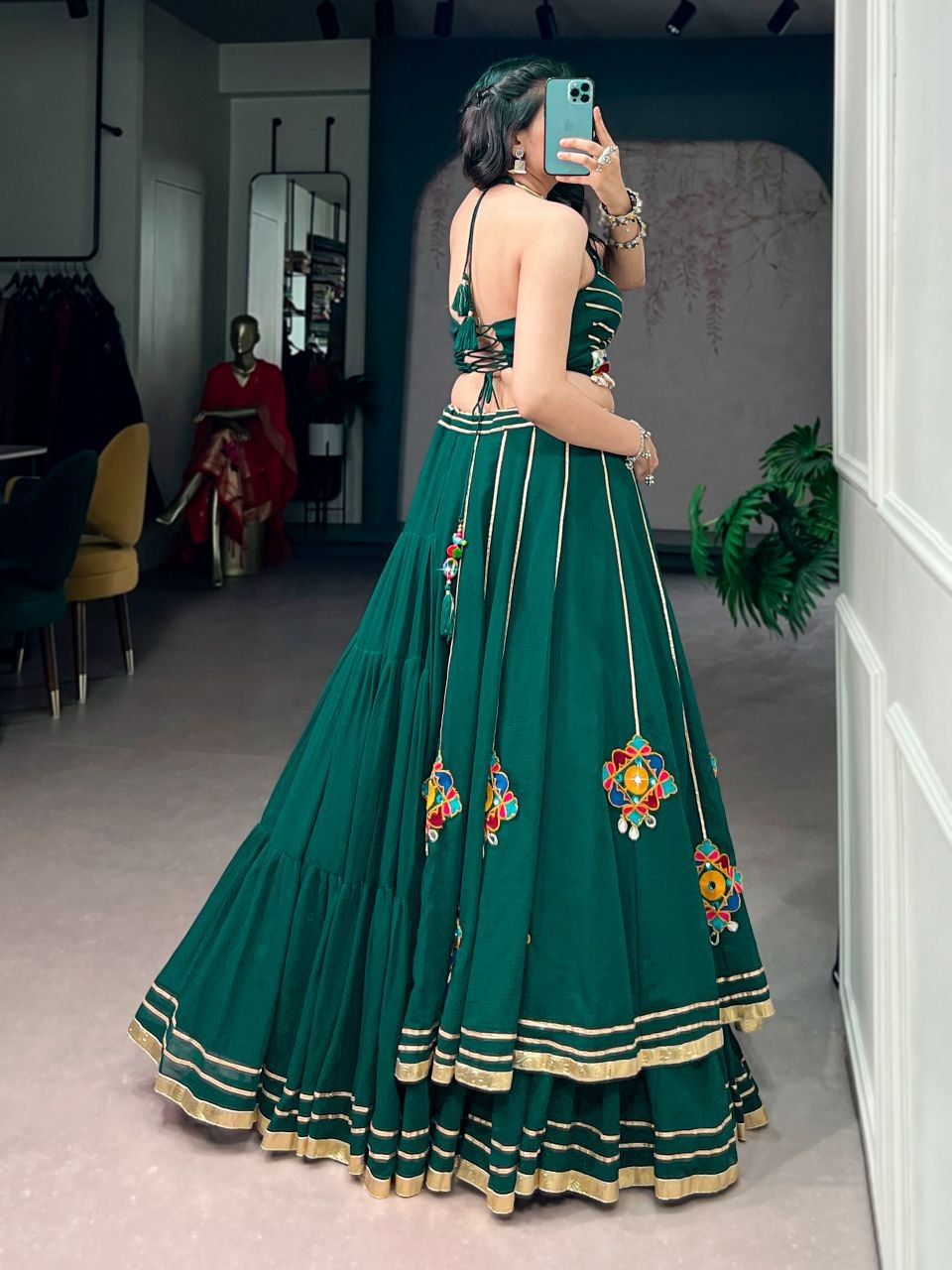 Women Designer Navratri Lehenga Choli with Traditional Mirror Work and Flared Skirt