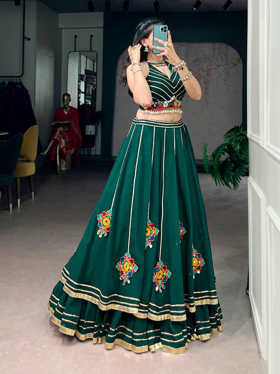 Women Designer Navratri Lehenga Choli with Traditional Mirror Work and Flared Skirt