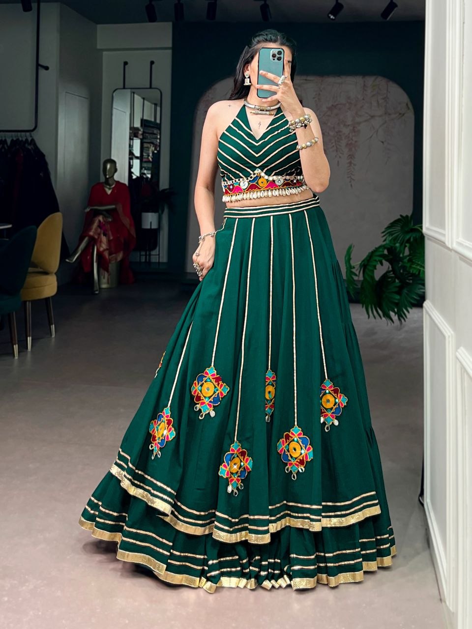 Women Designer Navratri Lehenga Choli with Traditional Mirror Work and Flared Skirt