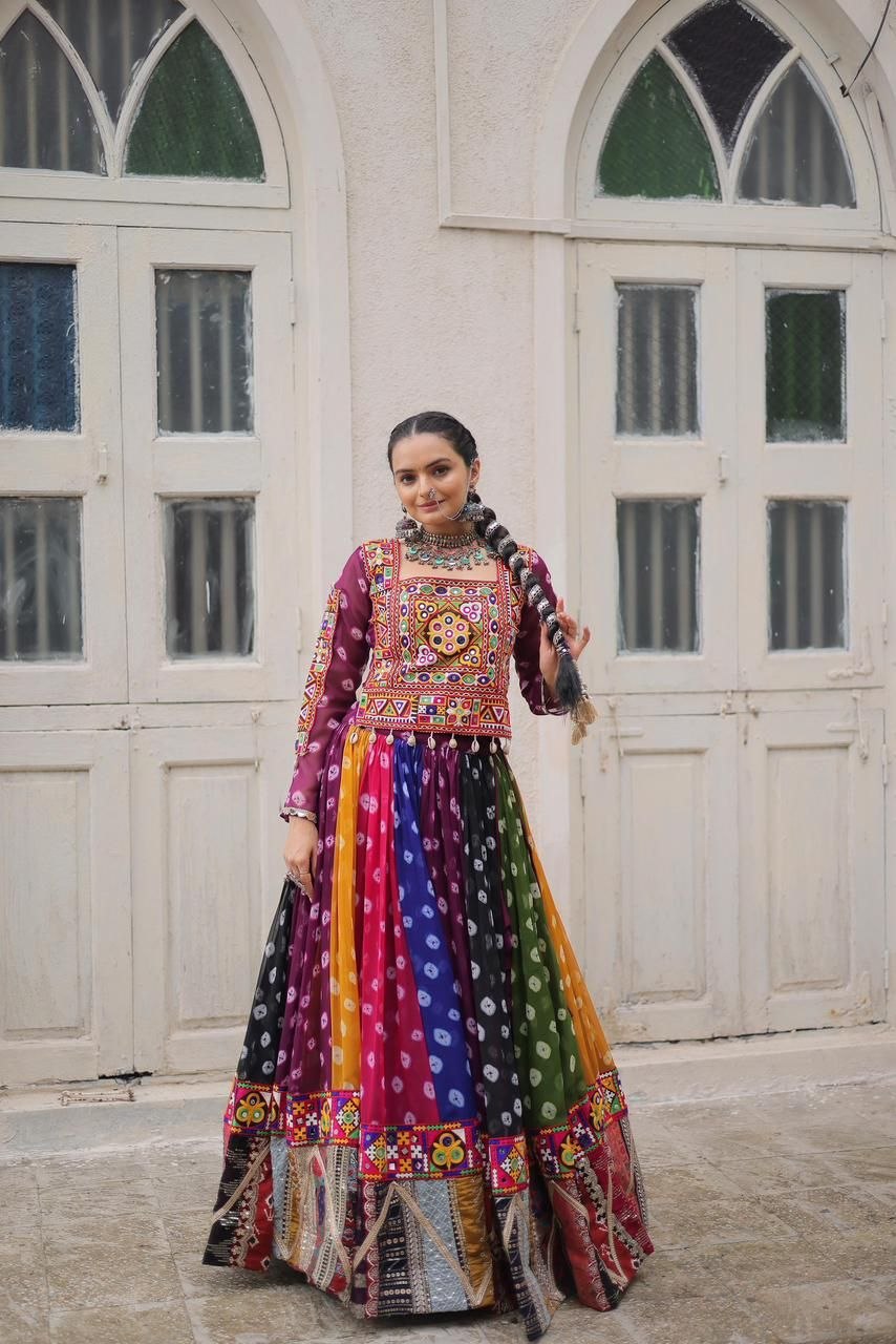 Women Designer Navratri Lehenga Choli with Heavy Mirror Work and Traditional Gujarati Embroidery