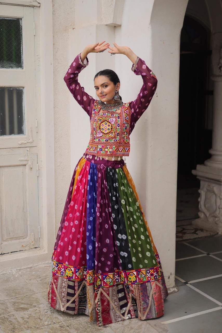 Women Designer Navratri Lehenga Choli with Heavy Mirror Work and Traditional Gujarati Embroidery