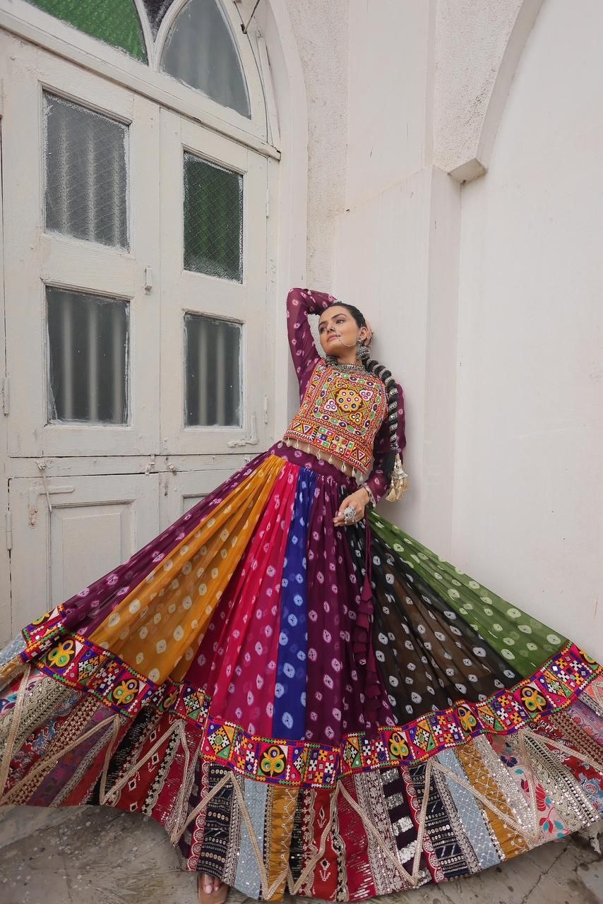 Women Designer Navratri Lehenga Choli with Heavy Mirror Work and Traditional Gujarati Embroidery