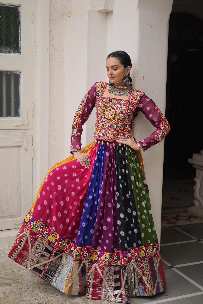 Women Designer Navratri Lehenga Choli with Heavy Mirror Work and Traditional Gujarati Embroidery