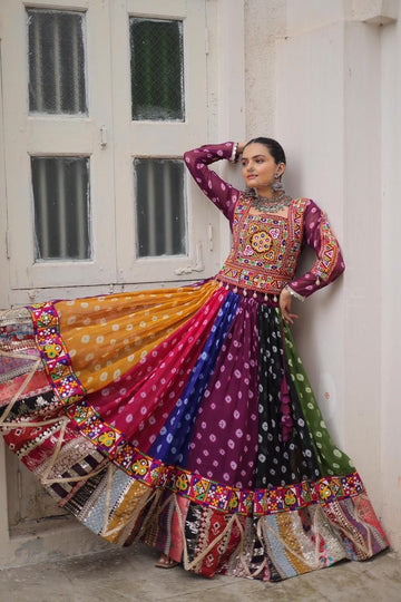 Women Designer Navratri Lehenga Choli with Heavy Mirror Work and Traditional Gujarati Embroidery