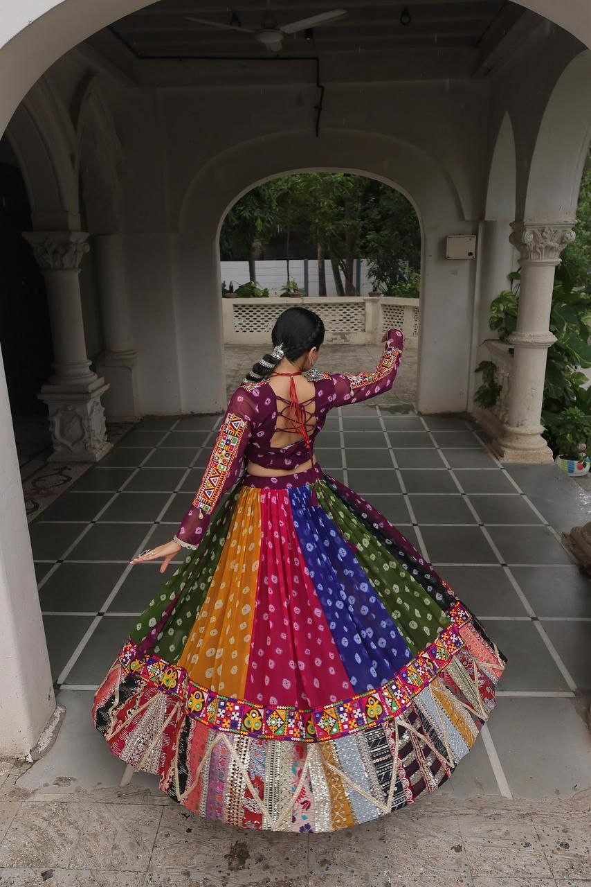Women Designer Navratri Lehenga Choli with Heavy Mirror Work and Traditional Gujarati Embroidery