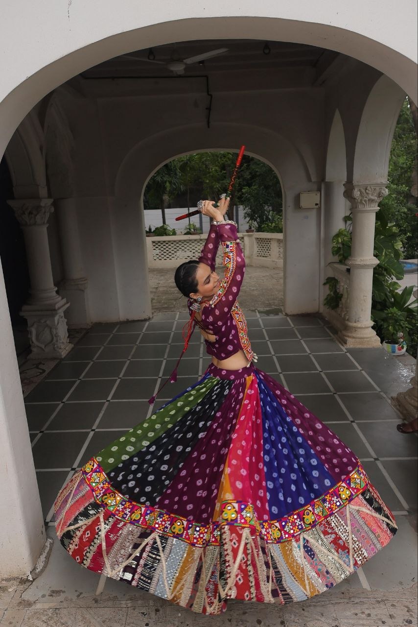 Women Designer Navratri Lehenga Choli with Heavy Mirror Work and Traditional Gujarati Embroidery