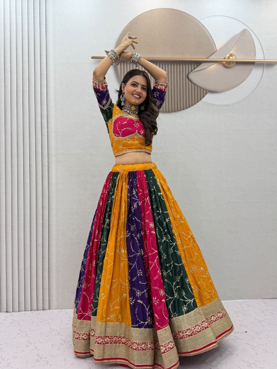 Women Designer Multicolor Lehenga Choli with Embroidered Dupatta and Traditional Mirror Work