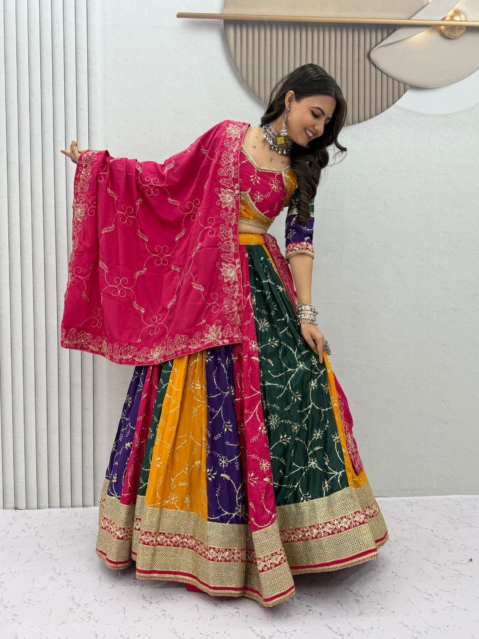 Women Designer Multicolor Lehenga Choli with Embroidered Dupatta and Traditional Mirror Work