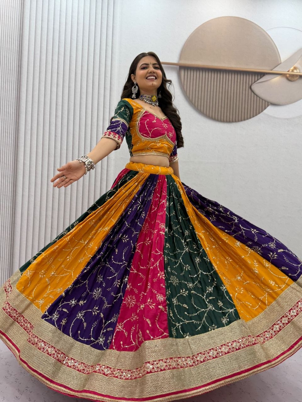Women Designer Multicolor Lehenga Choli with Embroidered Dupatta and Traditional Mirror Work