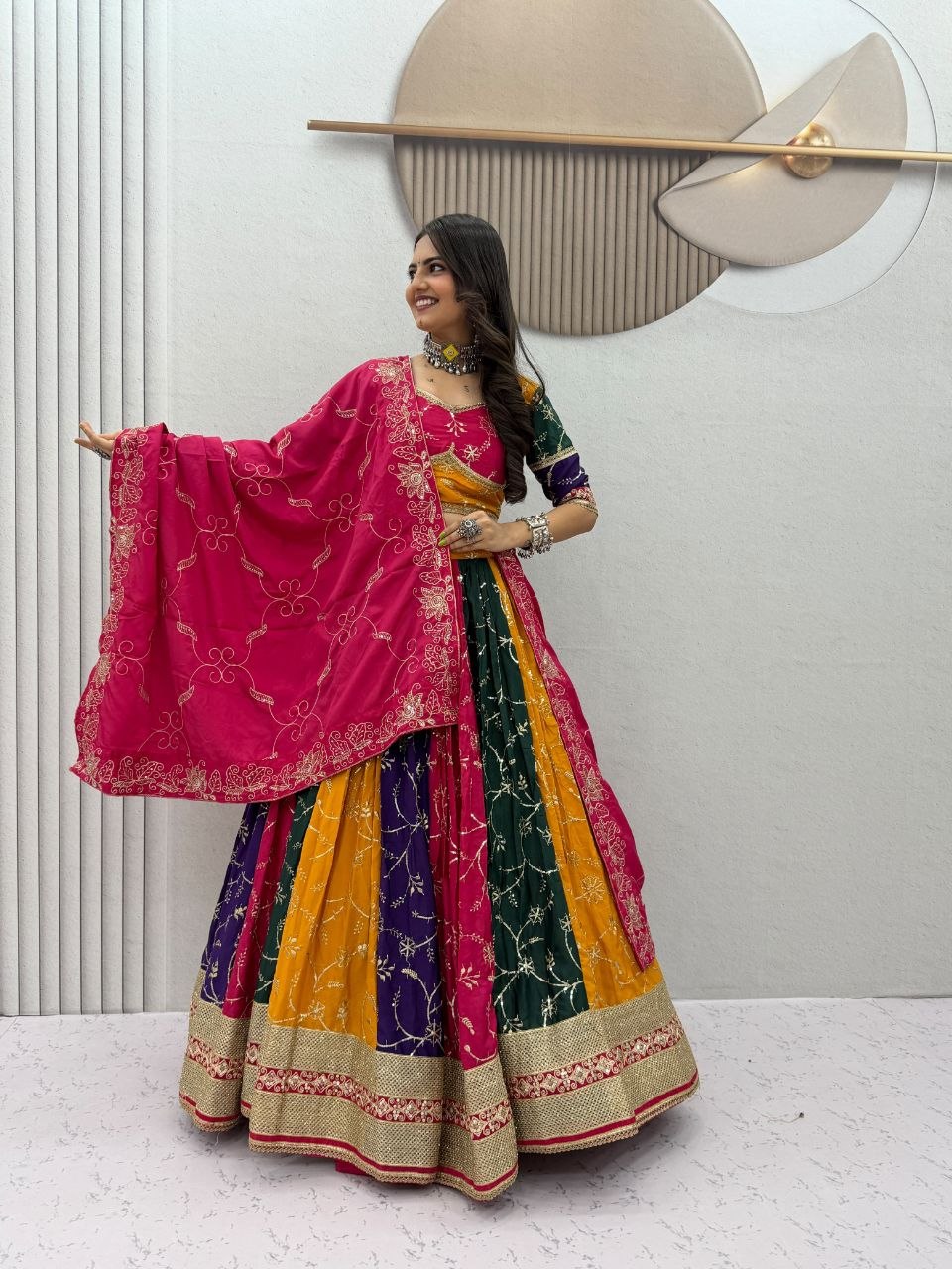 Women Designer Multicolor Lehenga Choli with Embroidered Dupatta and Traditional Mirror Work