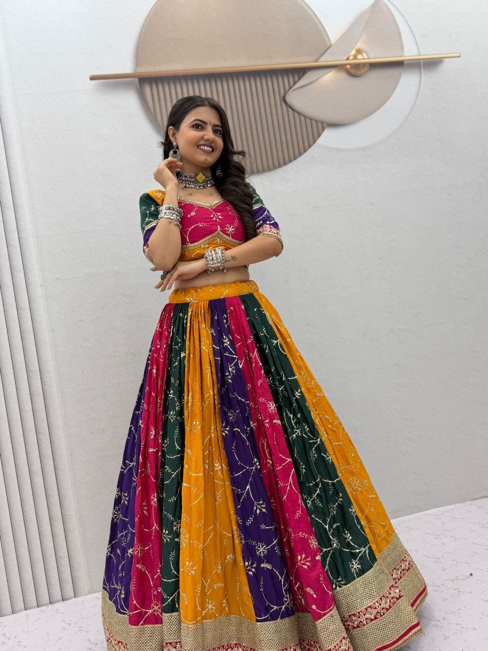 Women Designer Multicolor Lehenga Choli with Embroidered Dupatta and Traditional Mirror Work