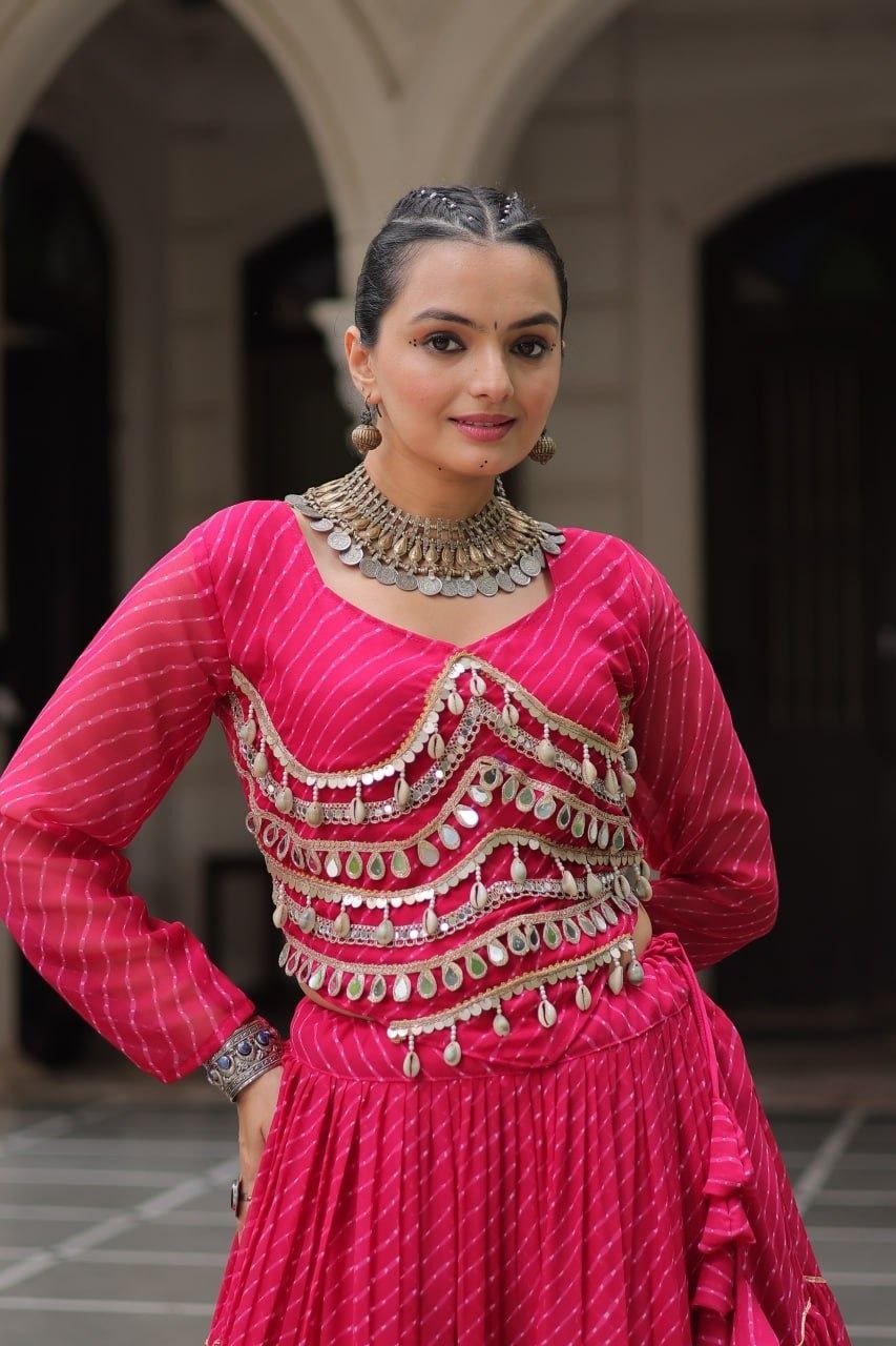 Women Designer Lehenga Choli with Mirror Work and Flared Ruffle Lehenga