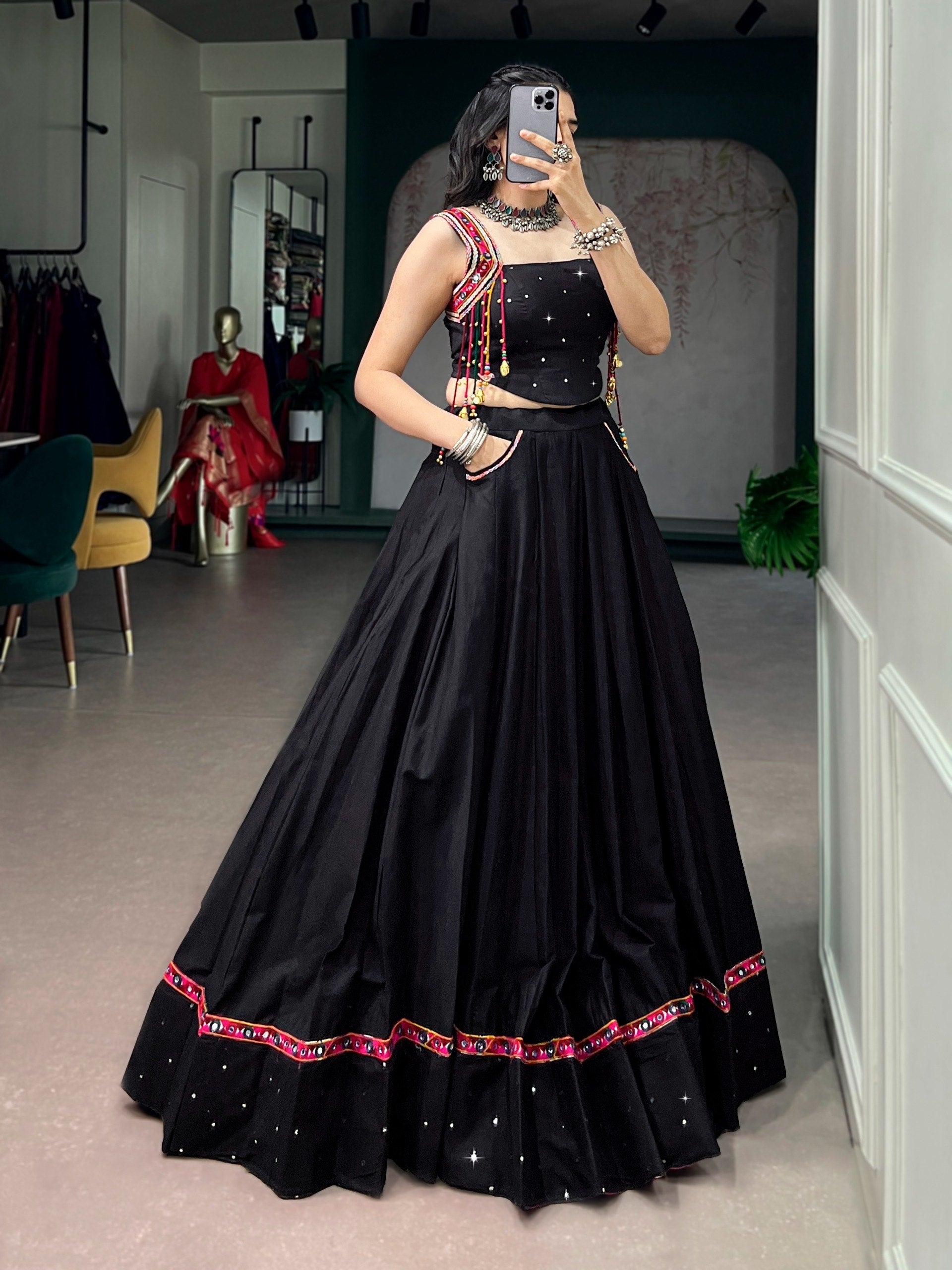 Women Designer Black Lehenga Choli with Mirror Work and Flared Silhouette