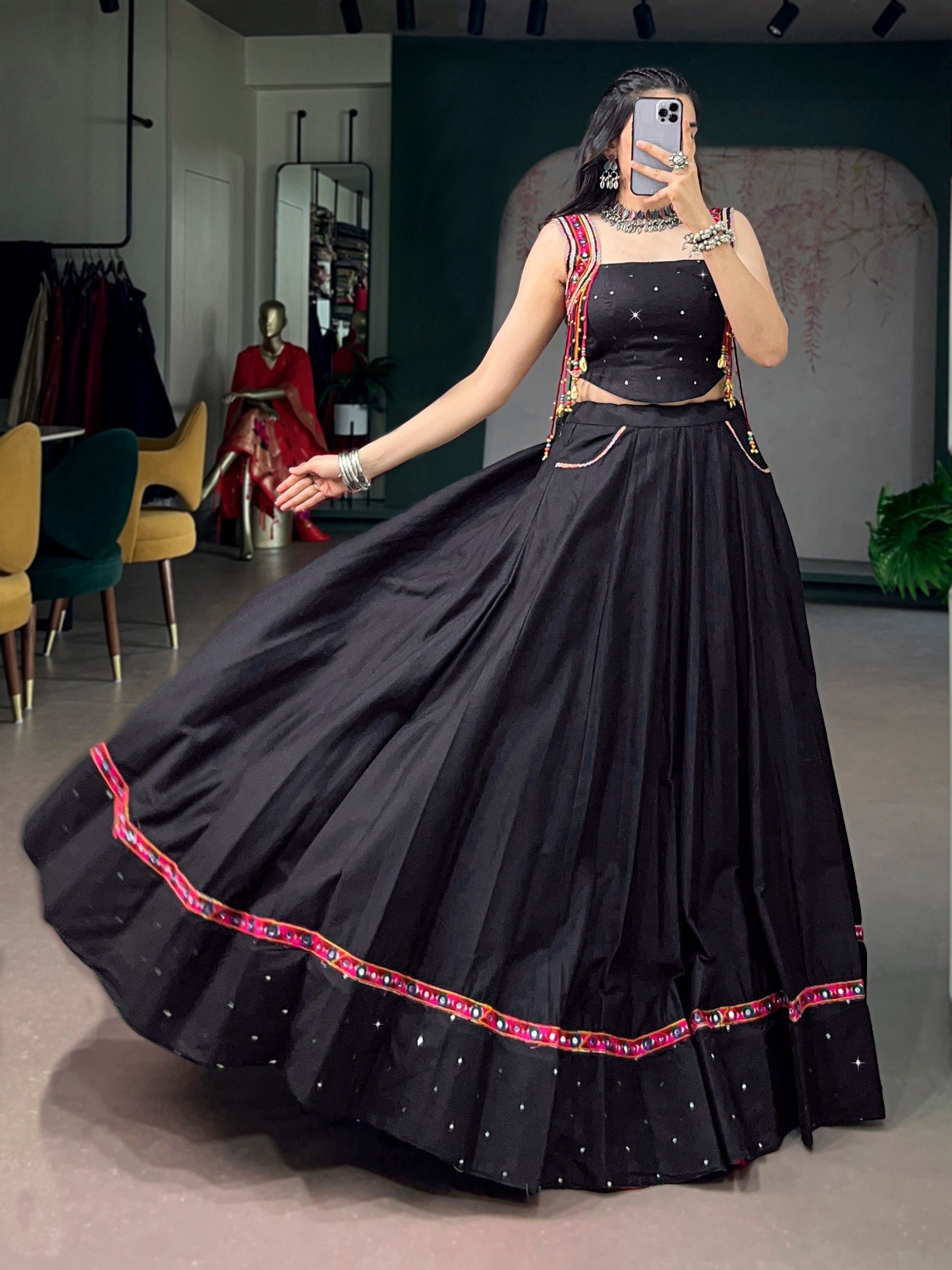 Women Designer Black Lehenga Choli with Mirror Work and Flared Silhouette