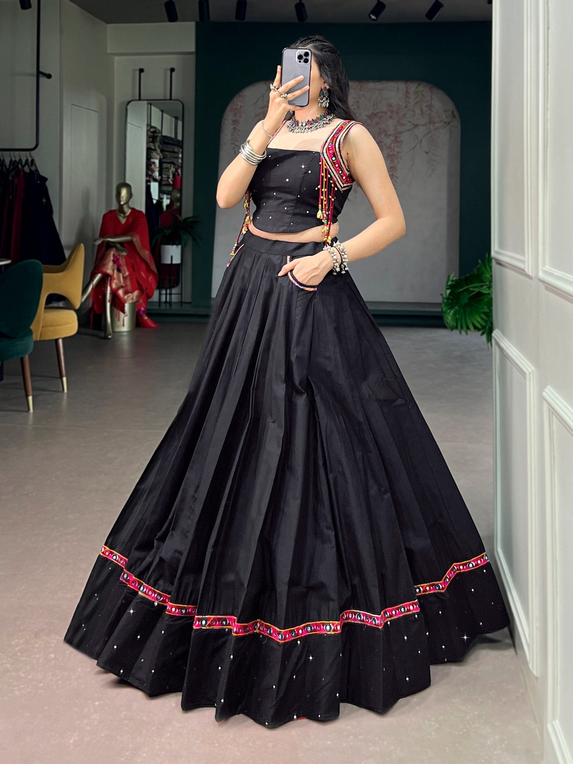 Women Designer Black Lehenga Choli with Mirror Work and Flared Silhouette