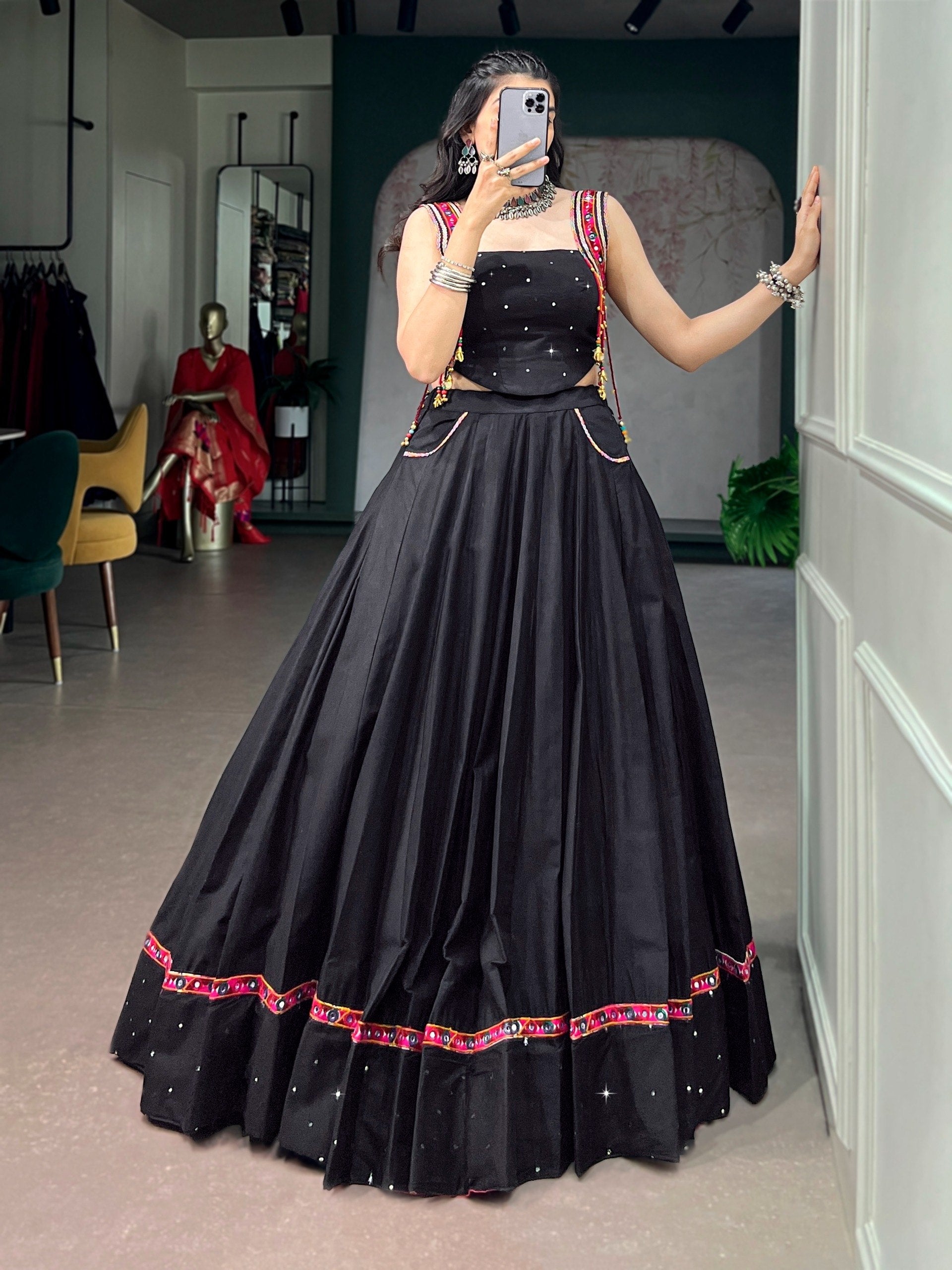 Women Designer Black Lehenga Choli with Mirror Work and Flared Silhouette