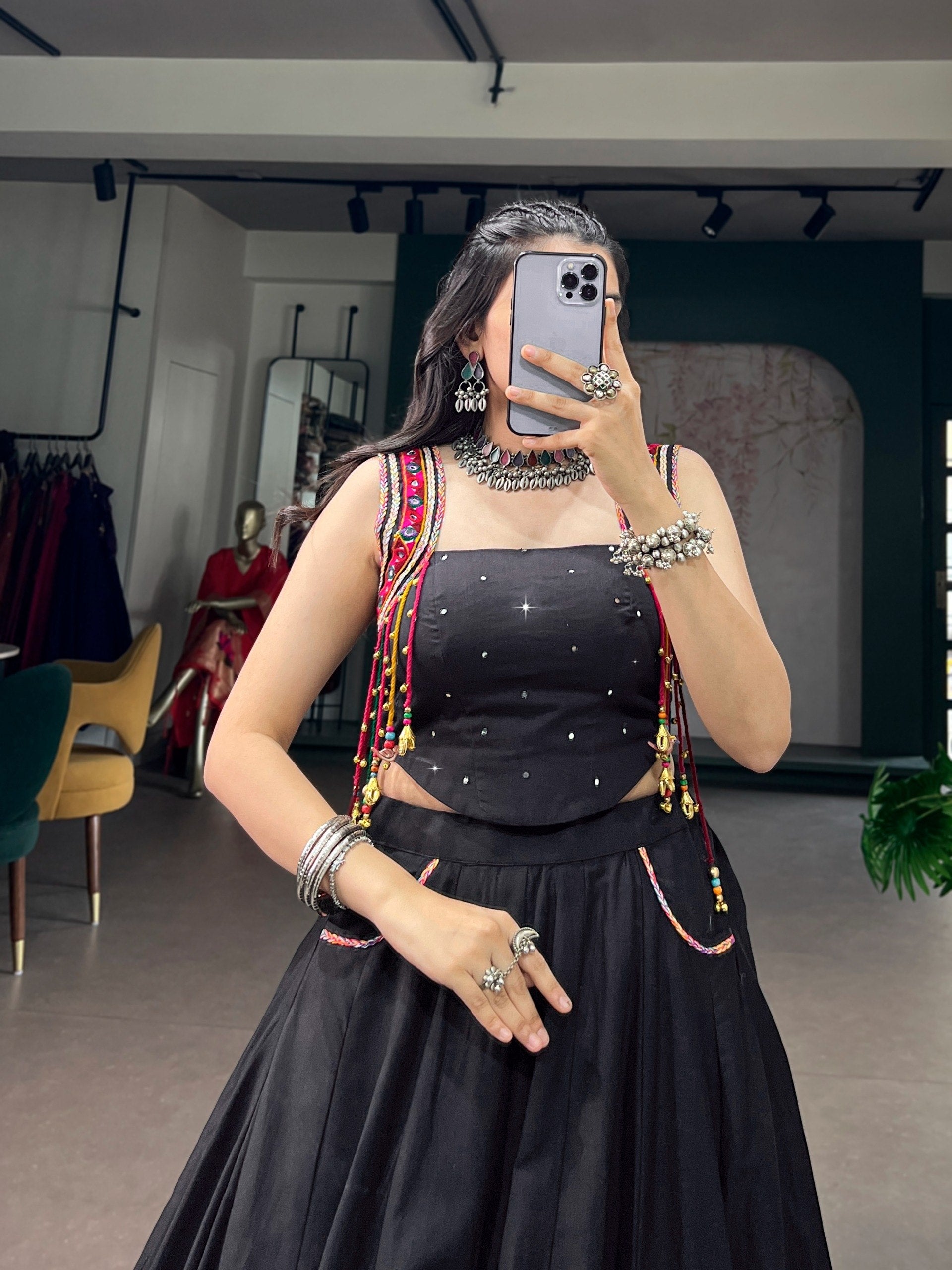 Women Designer Black Lehenga Choli with Mirror Work and Flared Silhouette