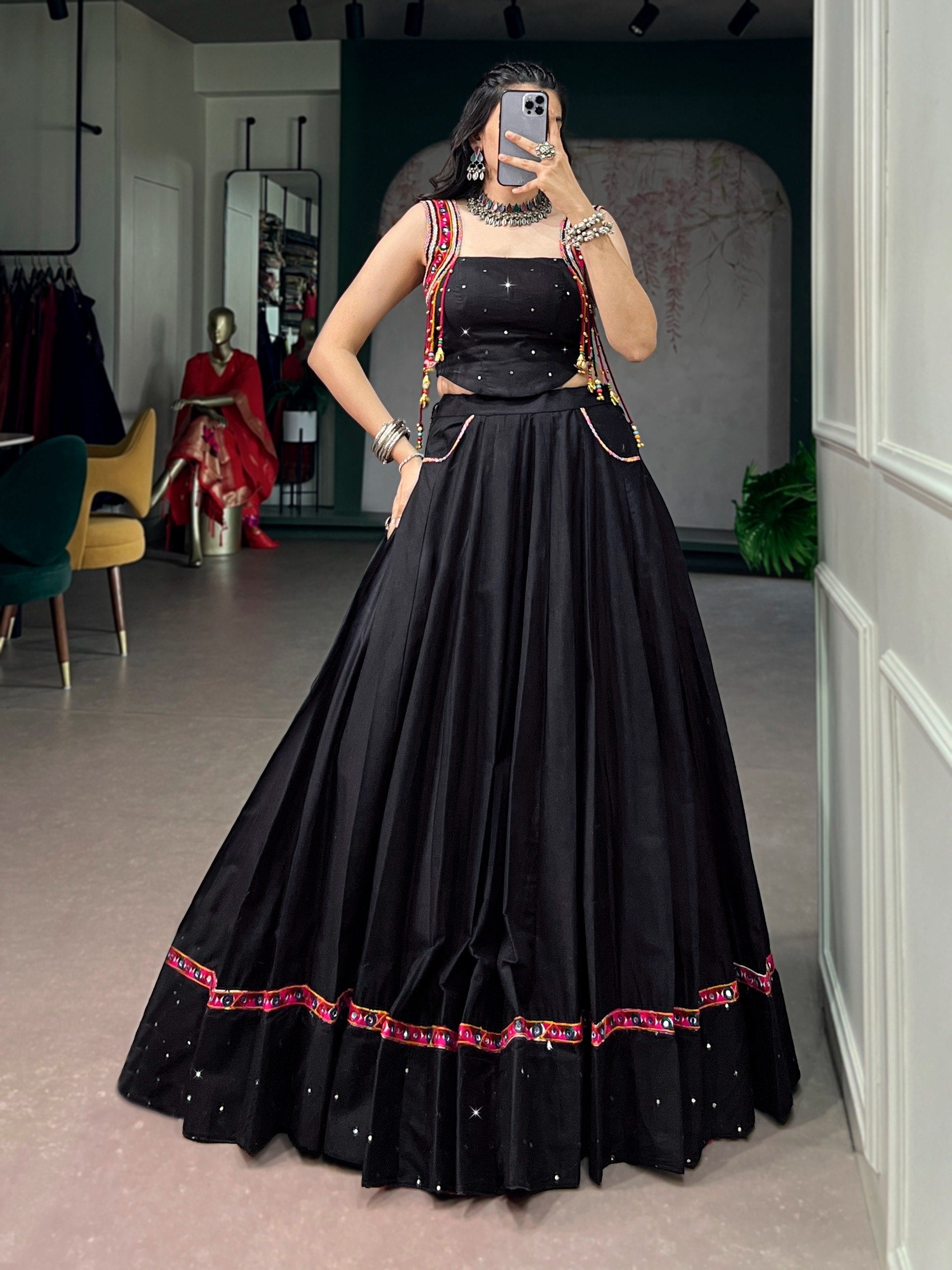 Women Designer Black Lehenga Choli with Mirror Work and Flared Silhouette
