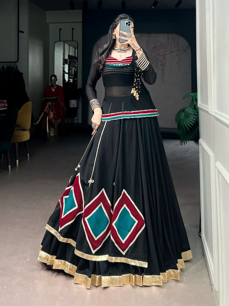Women Designer Black Lehenga Choli with Traditional Kutchi-Inspired Detailing