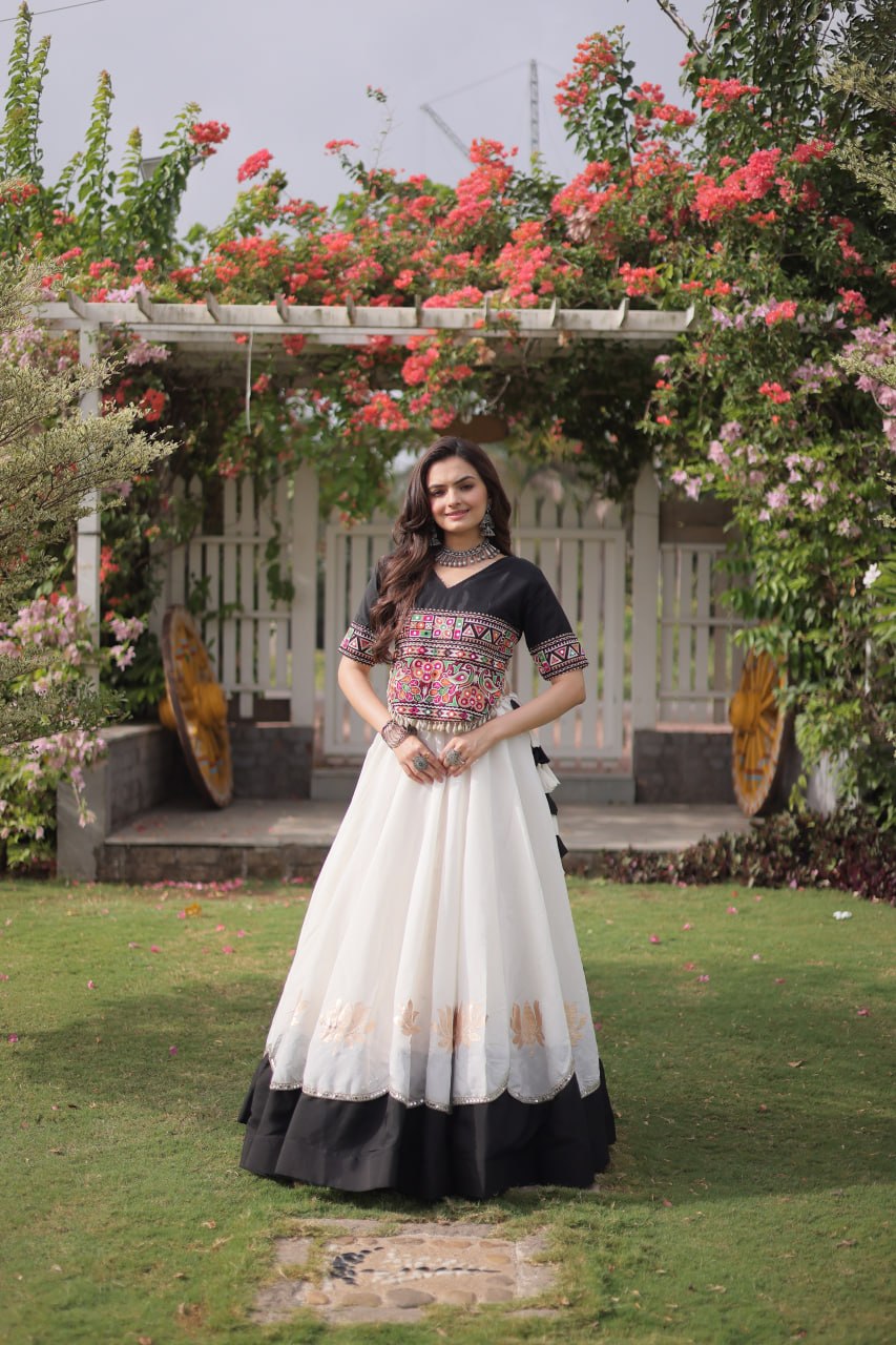 Women Designer Lehenga Choli with Handcrafted Kutchi Mirror Work Blouse